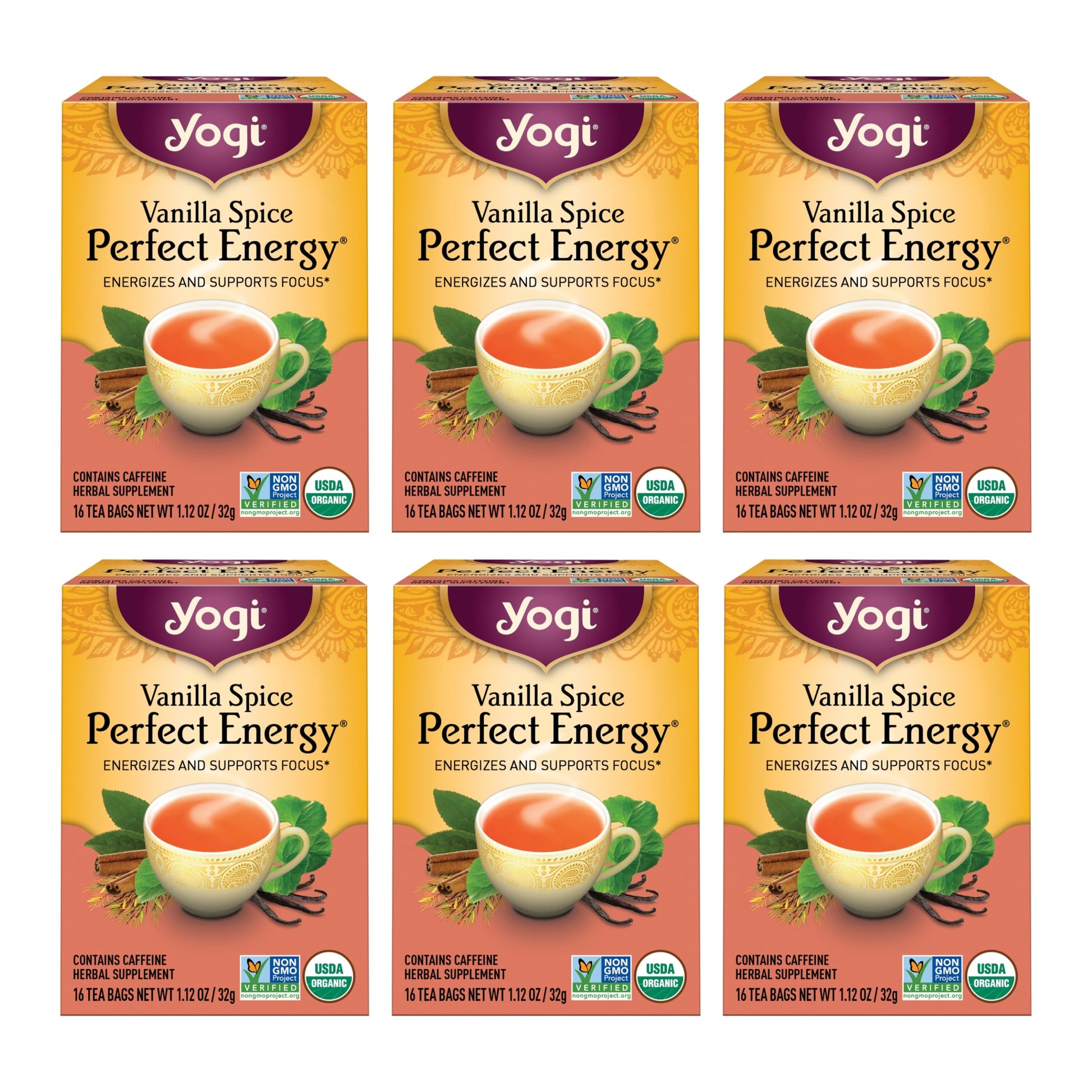 Yogi Tea Vanilla Spice Perfect Energy Tea - 16 Tea Bags Per Pack (6 Packs) - Organic Vanilla Energy Tea - Focus Tea - Includes G