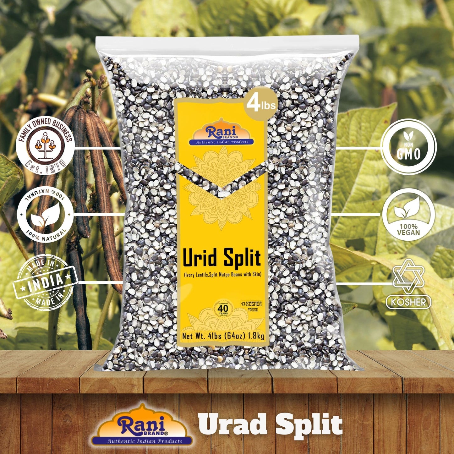 Rani Urid/Urad Split Chilka (Split Matpe Beans With Skin) Indian Lentils 64Oz (4Lbs) 1.81Kg Bulk ~ All Natural | Gluten Friendly