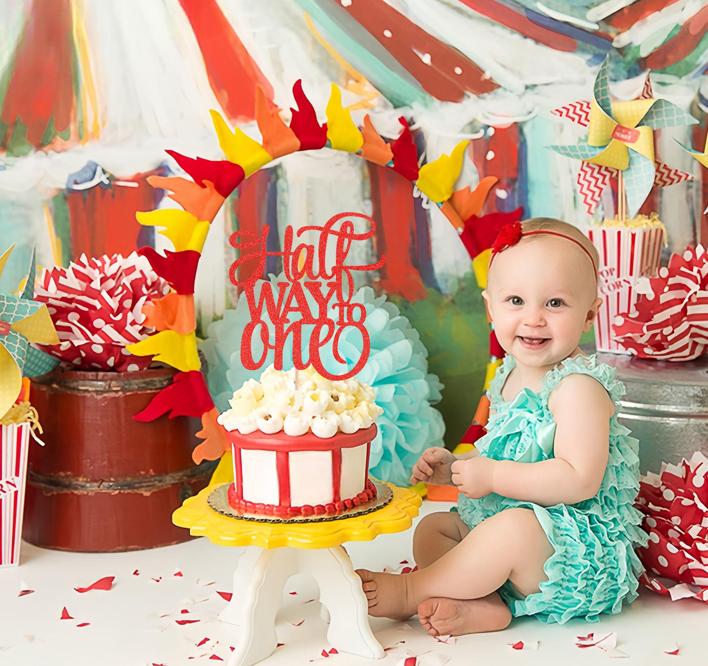 Ahaoray Half Way To One Cake Topper - Red Glitter 6 Months Birthday Decorations Supplies - Half Birthday Decorations Baby Girl,