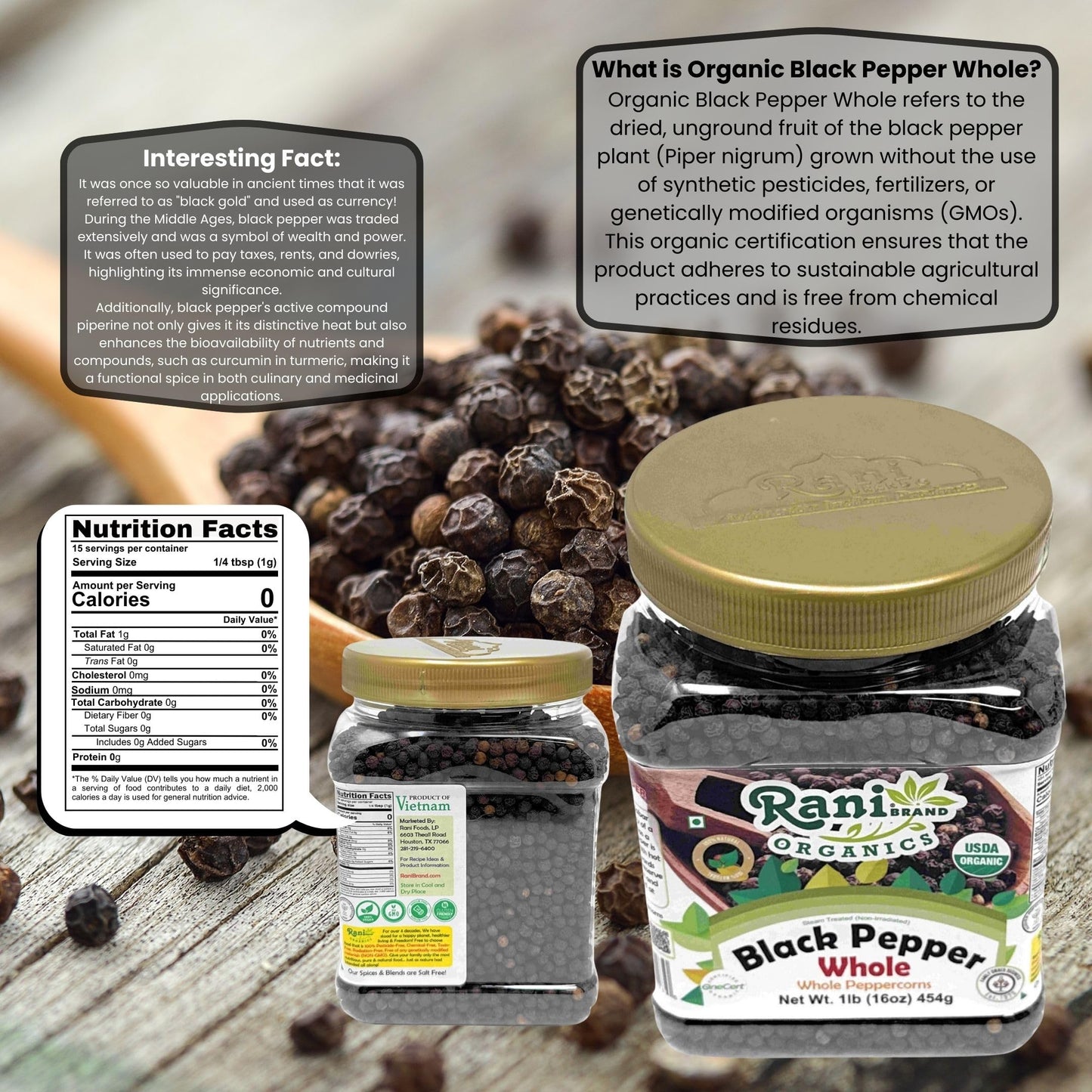 Rani Organic Black Pepper Whole, Premium MG-1 Grade, 16oz (1lb) PET Jar, Non-GMO, Gluten Friendly, USDA Certified Organic, Kosher
