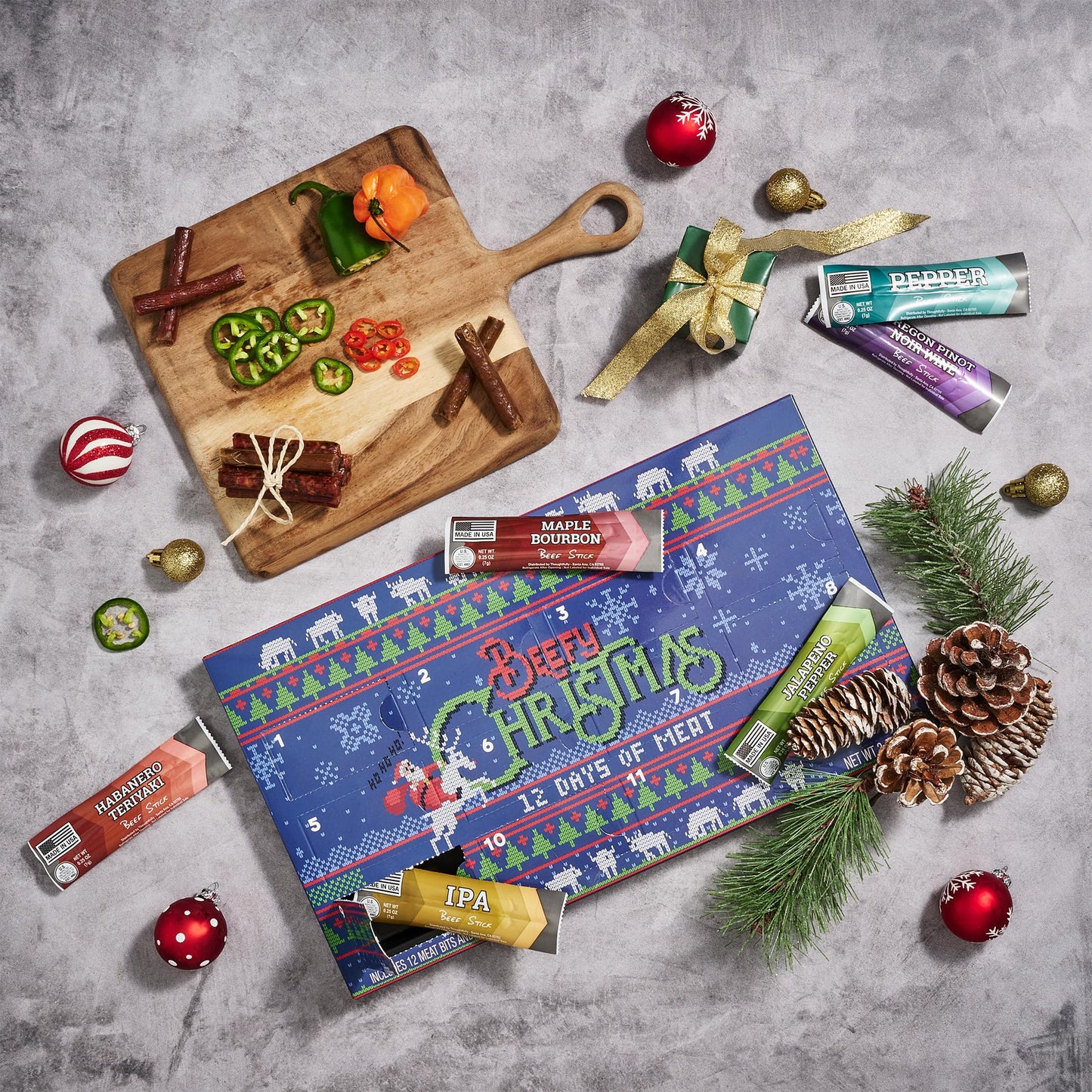 Man Crates  12 Days of Jerky Advent Calendar 2025 Featuring Ugly Christmas Sweater Artwork - Includes 12 Delicious Bites of Beef Jerky - Festive Flavors Like Habanero  Maple spirit-inspired flavor & More