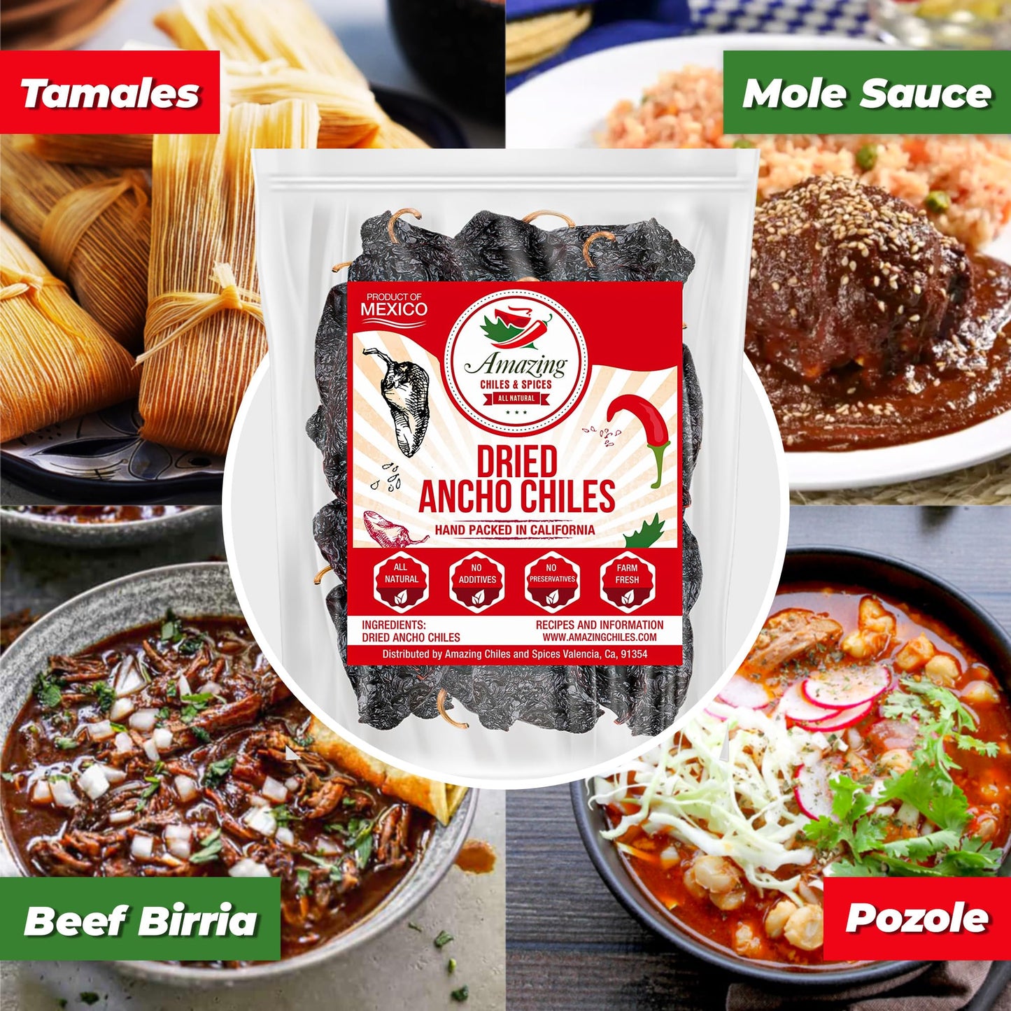 Amazing Chiles & Spices Dried Ancho Chiles Peppers, Mild to Medium Heat, Sweet & Smoky Flavor, 4 oz Resealable Bag