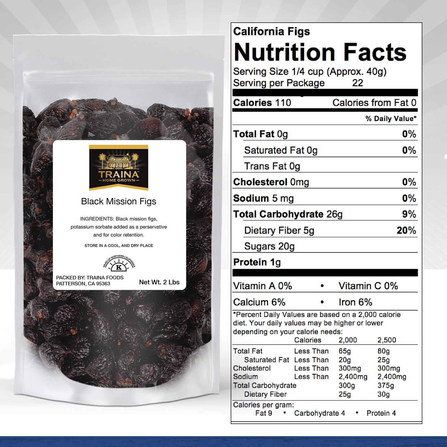 Traina Dried Whole Black Mission Figs - No Added Sugar, Vegan, Gluten Free - 2 lbs Resealable Pouch
