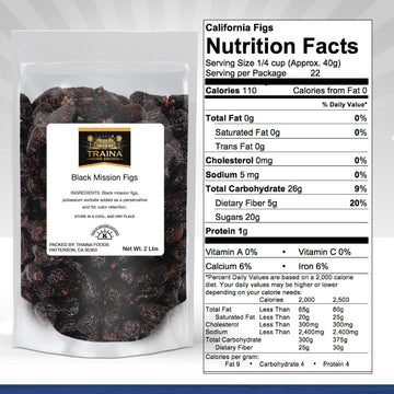 Traina Dried Whole Black Mission Figs - No Added Sugar, Vegan, Gluten Free - 2 lbs Resealable Pouch