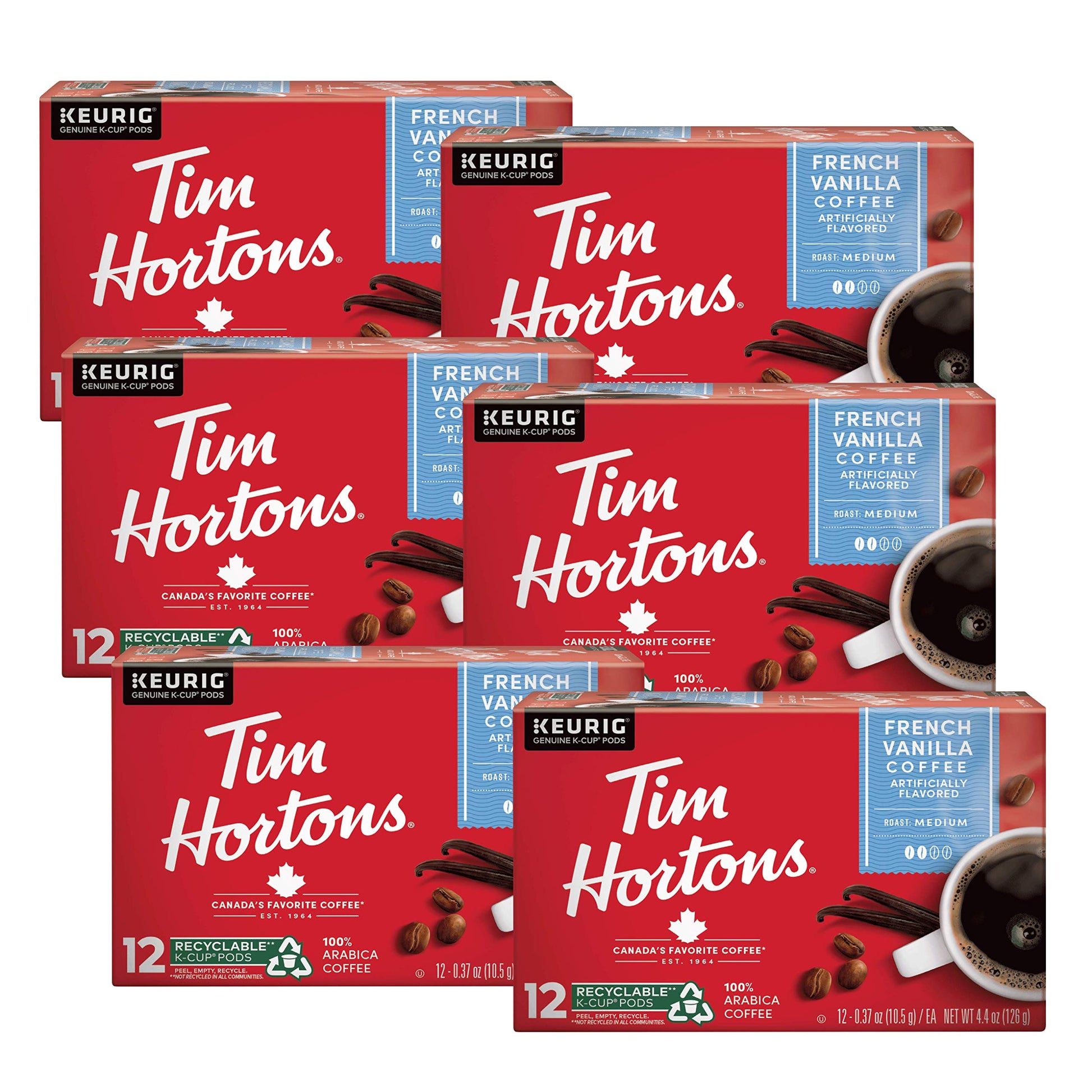 Tim Hortons French Vanilla Coffee K-Cup Pods, 72ct, Compatible with Keurig, Red, 12 Count (Pack of 6), Model NJ12