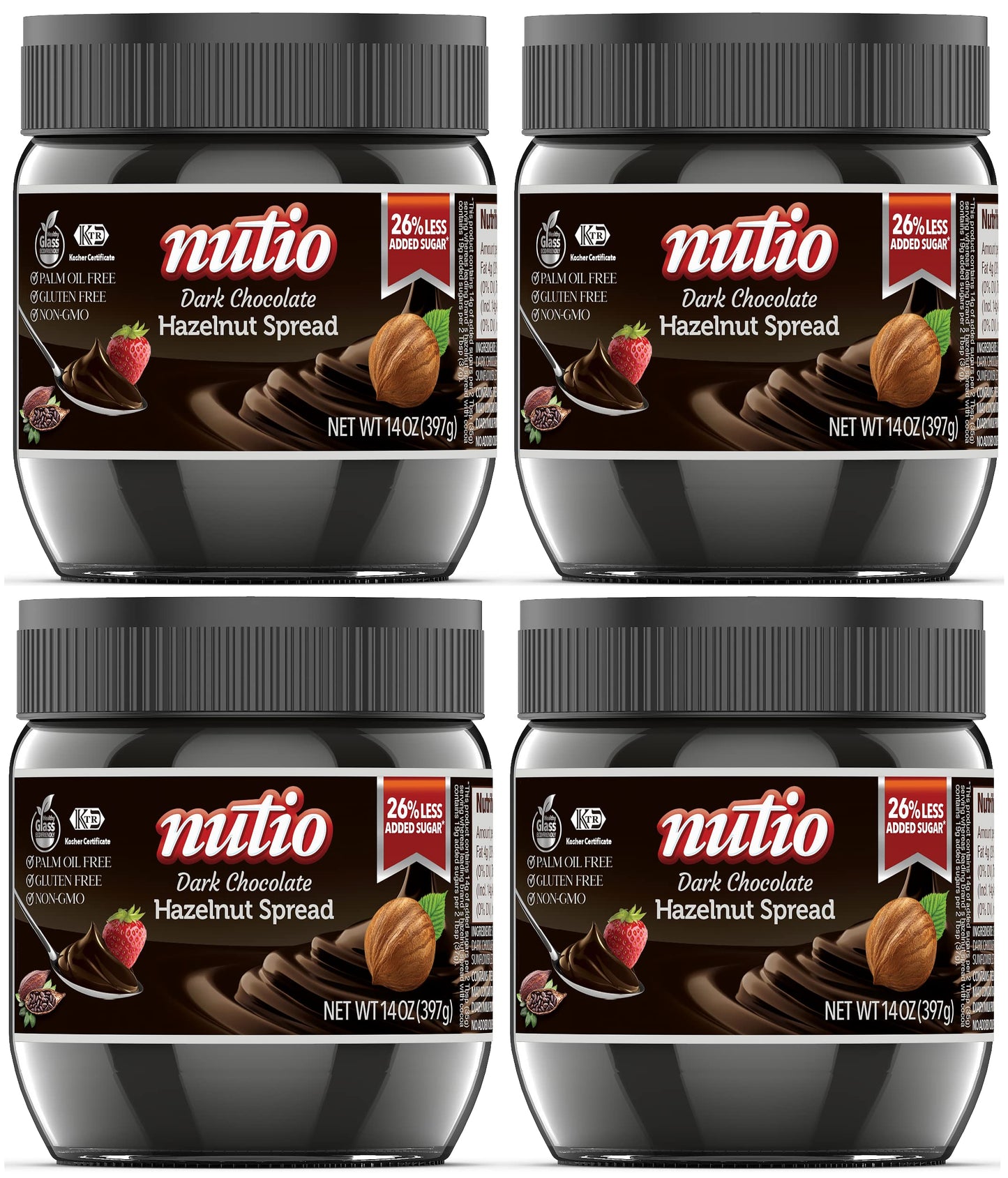 Nutio Dark Chocolate Hazelnut Spread - 26% Less Added Sugar, Palm Oil Free, Gluten Free, Non-Gmo - 56 Oz (4 Pack) Glass Jar