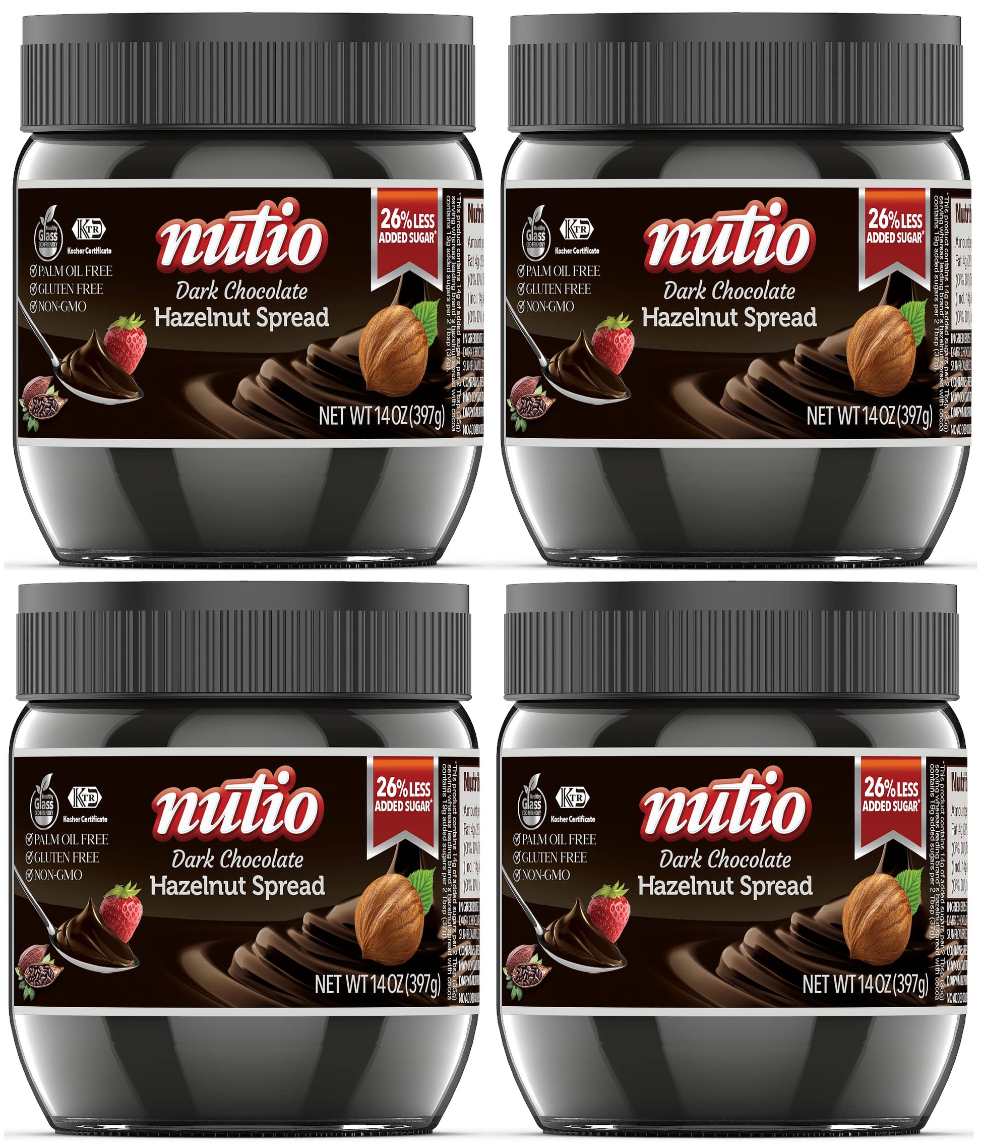 Nutio Dark Chocolate Hazelnut Spread - 26% Less Added Sugar, Palm Oil Free, Gluten Free, Non-Gmo - 56 Oz (4 Pack) Glass Jar