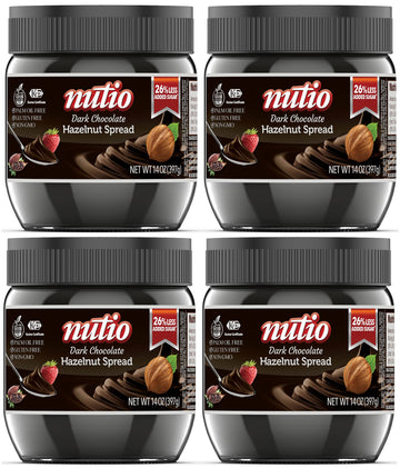 Nutio Dark Chocolate Hazelnut Spread - 26% Less Added Sugar, Palm Oil Free, Gluten Free, Non-Gmo - 56 Oz (4 Pack) Glass Jar