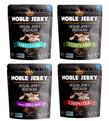 Noble Jerky - Vegan Jerky, Healthy Plant-Based Protein Snack, Vegetarian, Non-GMO, 4 Pack (Original, BBQ, Teriyaki, Chipotle), (