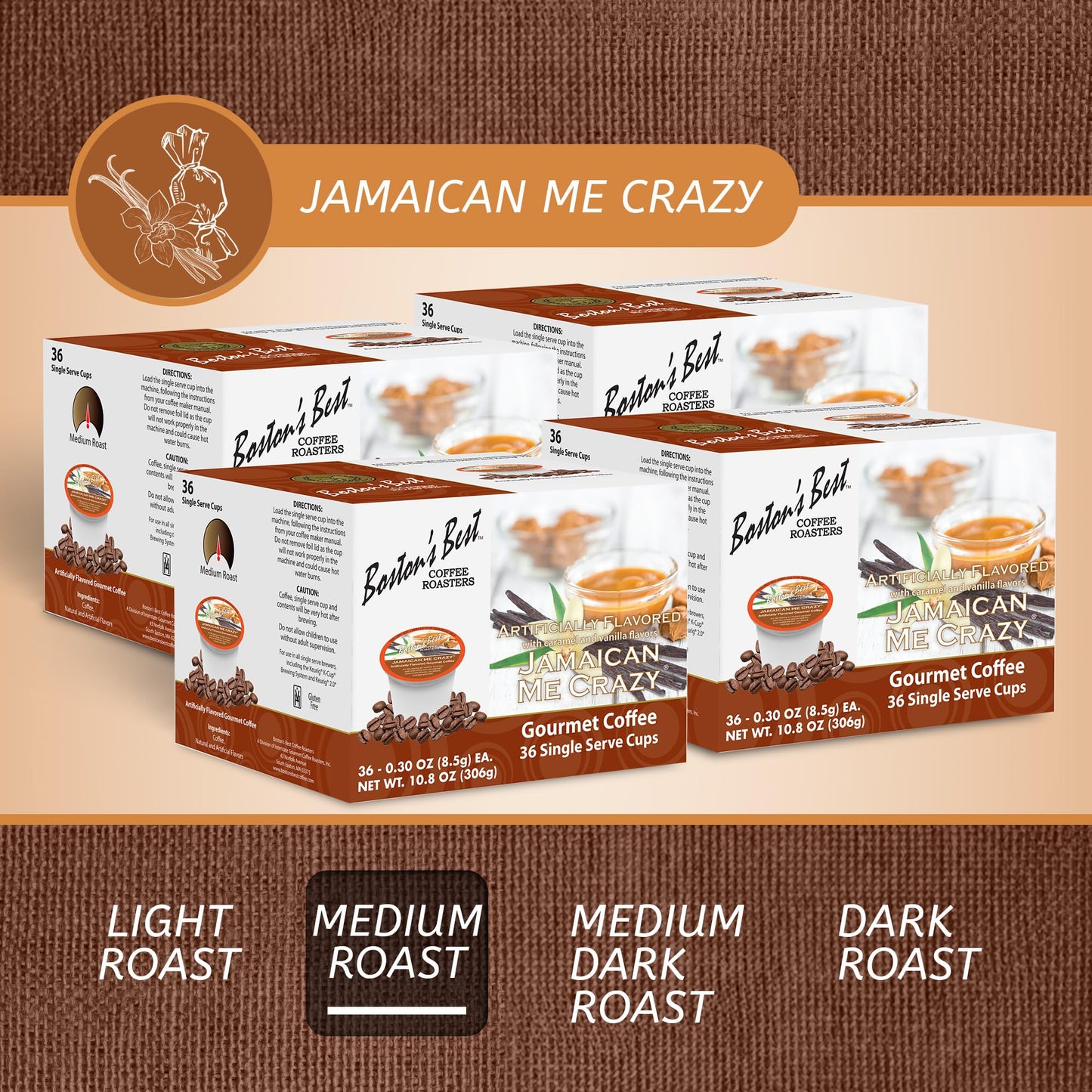 Bostons Best Jamaican Me Crazy Flavored Coffee, Gourmet Compatible with Keurig, 144 Single Serve Cups