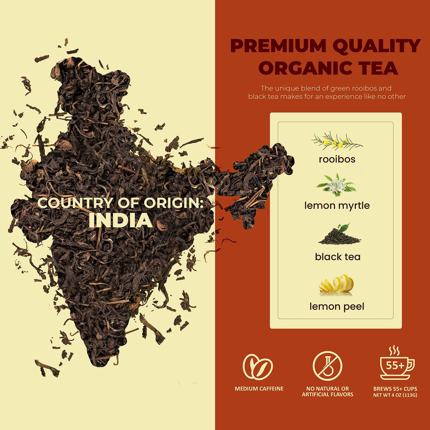 Gardenika Organic Black Loose Leaf Tea With Lemon Essence And Green Rooibos - Natural, Zesty, Citrus-Based Indian Herbs - Kosher