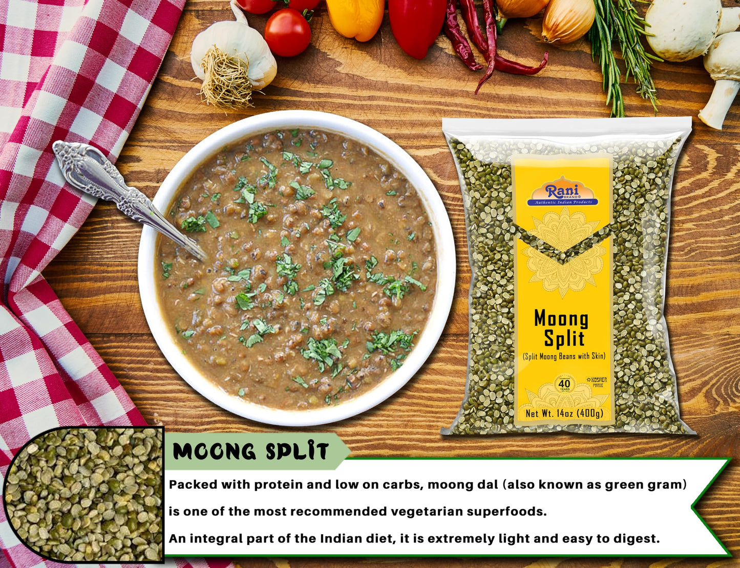 Rani Moong Split (Split Mung Beans With Skin) Lentils Indian 14Oz (400G) ~ All Natural | Gluten Friendly | Non-Gmo | Kosher | Ve