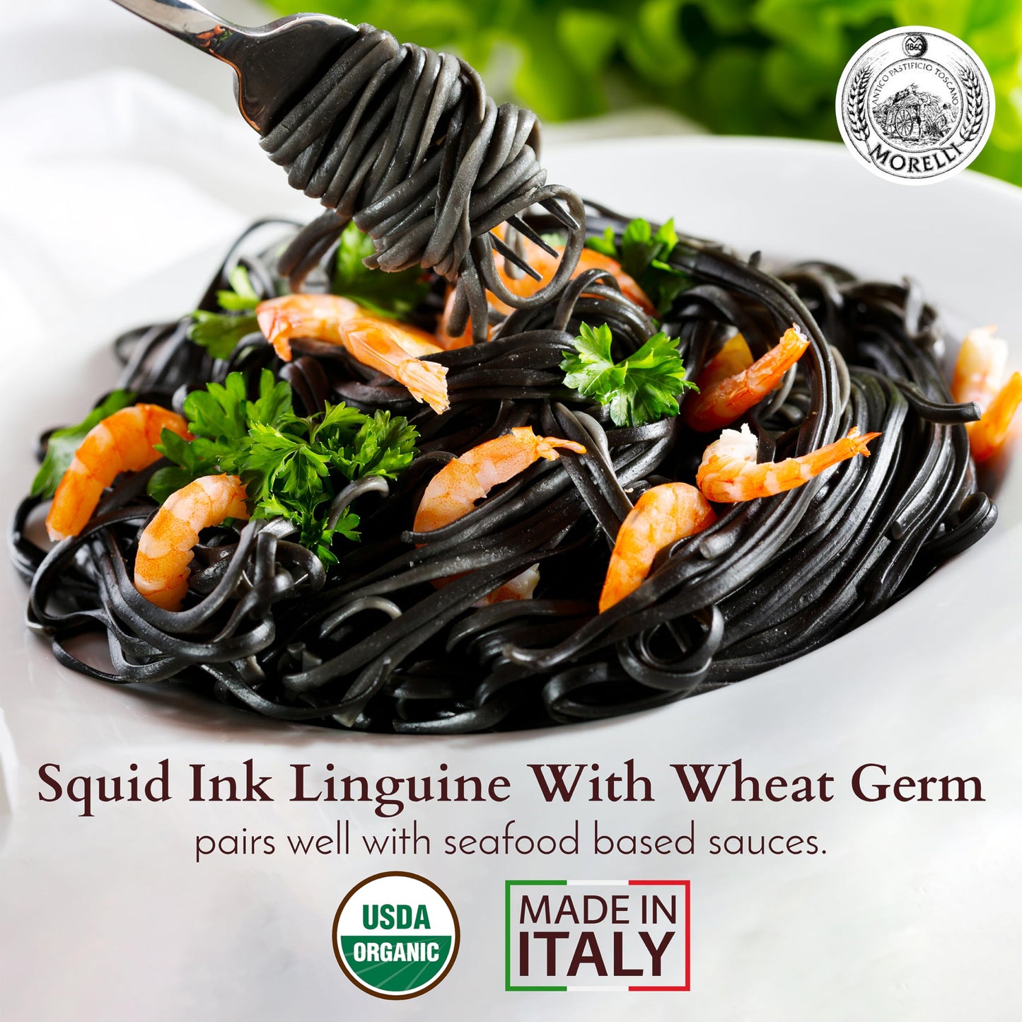 MORELLI Organic Squid Ink Linguine Pasta - Durum Wheat - 8.8oz (250g) - Made in Italy