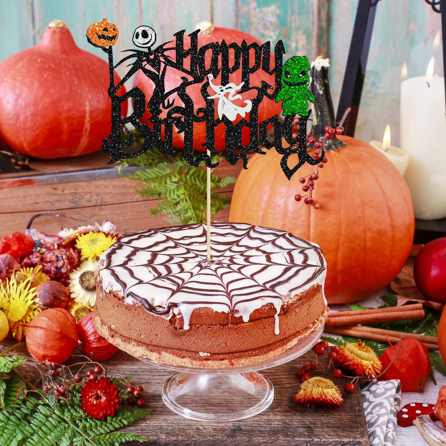 Gyufise 1Pc Halloween Happy Birthday Cake Topper Glitter Jack And Sally Pumpkin Bat Castle Ghost Halloween Cake Pick For Hallowe