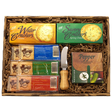 Gift Basket Village Gourmet Cheese and Crackers Gift Box – Cheddar Bars, Creamy Spread, Spreader, Medium Size