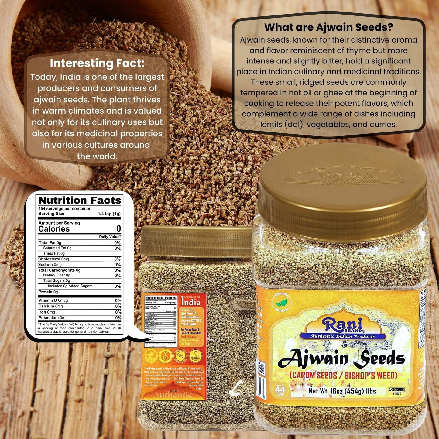 Rani Ajwain Seeds (Carom) Whole Spice, All Natural, Vegan, Non-GMO, 16oz (454g) PET Jar