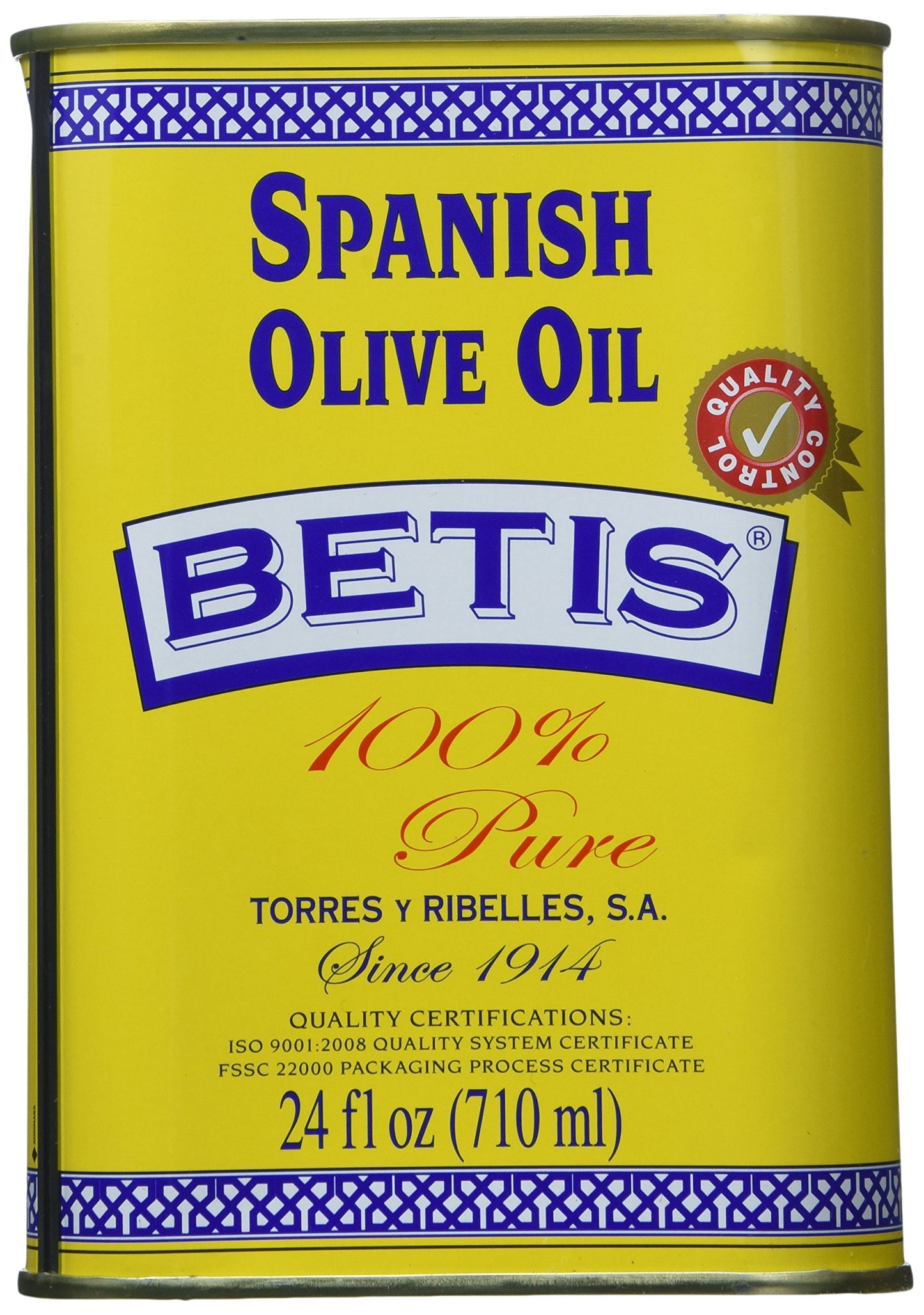 Betis Pure Olive Oil 24oz in Can, Organic Refined Spanish Aceite de Oliva Puro, Fruity Flavor, Gluten Free, All Natural, Ideal f