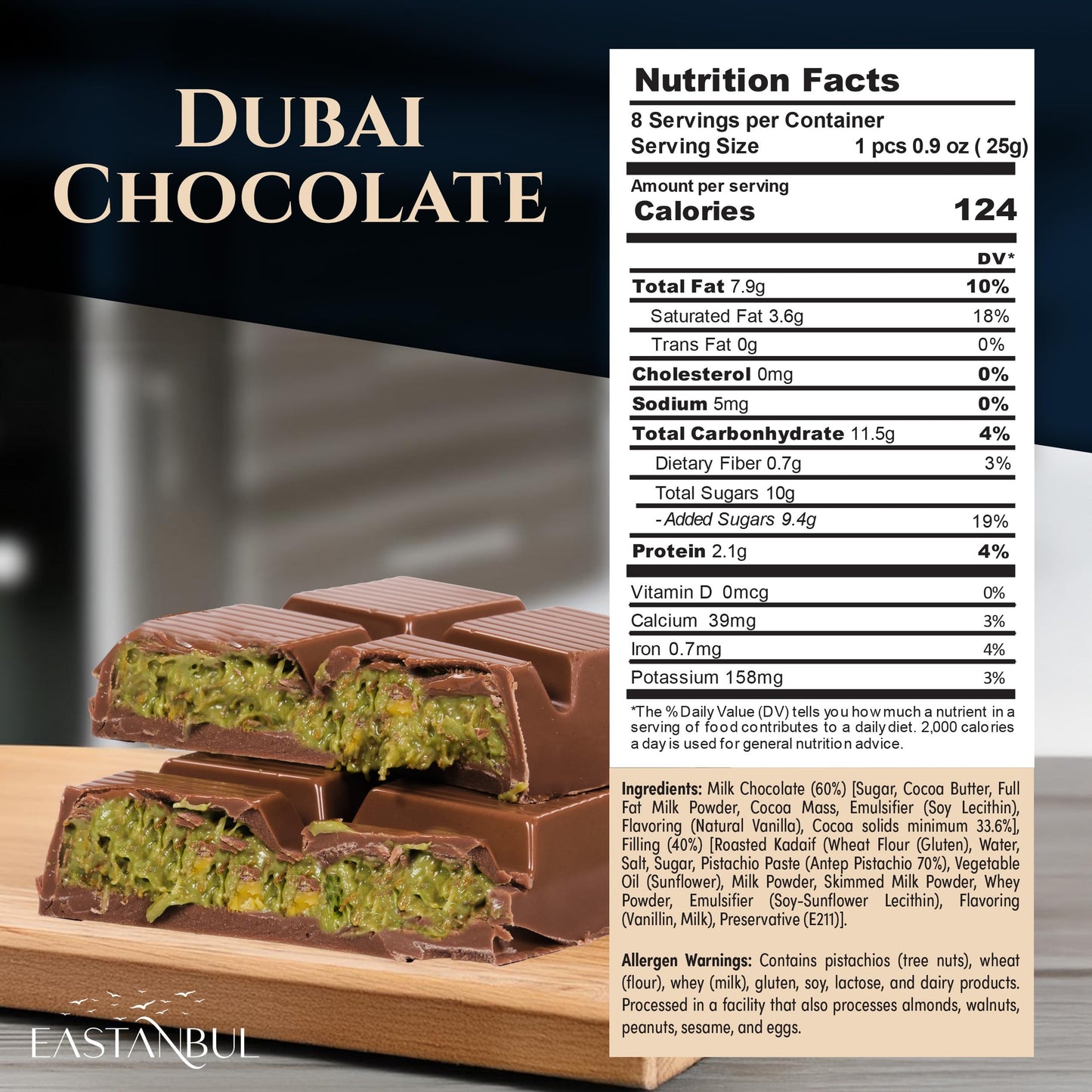 Eastanbul Dubai Chocolate Bar Pistachio, 7Oz, Premium Pistachio Dubai Chocolate Bar, Viral Candy With Shredded Phyllo Dough, Kna