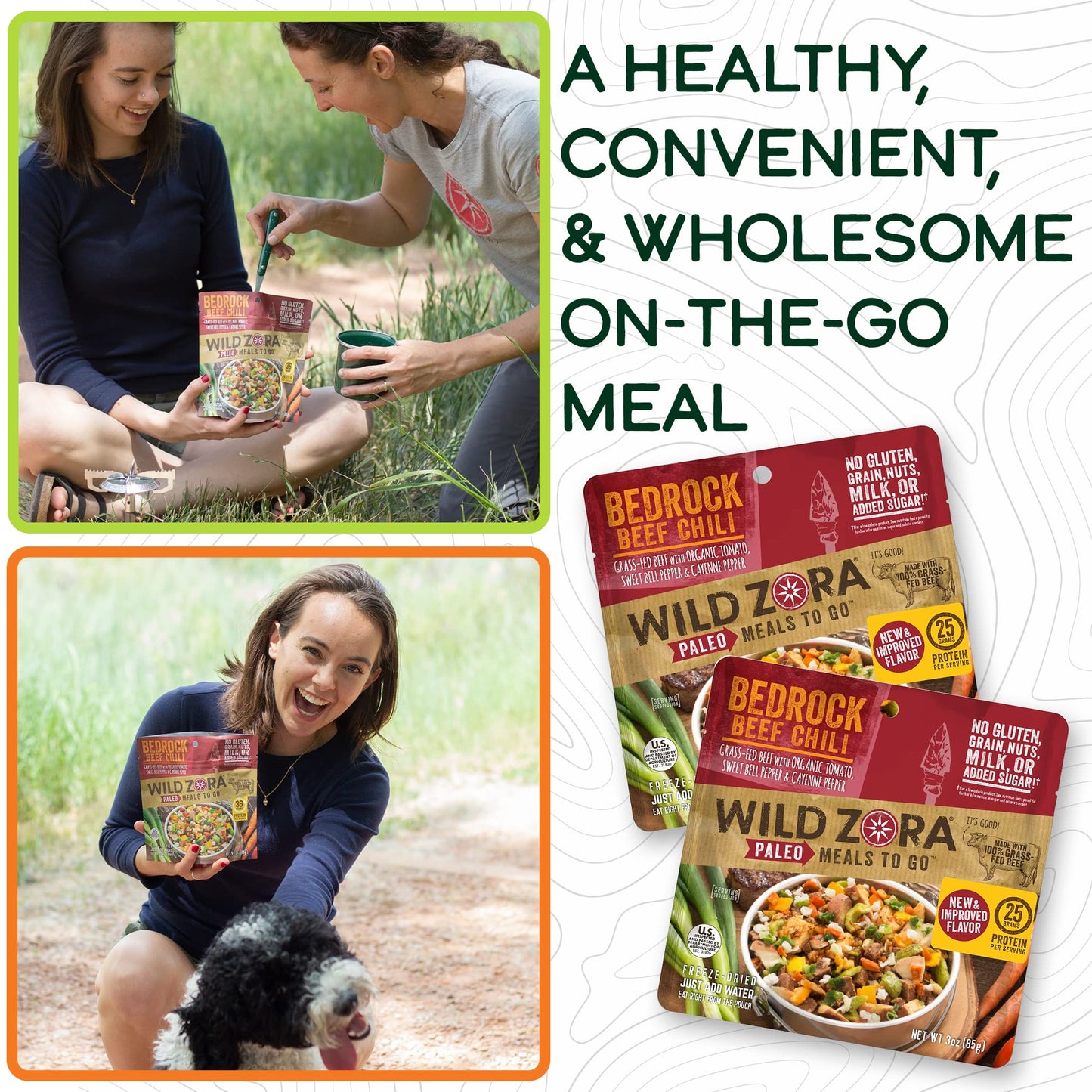 Wild Zora Paleo Freeze Dried Meals For Backpacking & Camping - Healthy Gluten Free & Grain Free Camping Meals/Backpacking Food + No Added Sugar - Great For Travel (Bedrock Beef Chili 2-Pack)