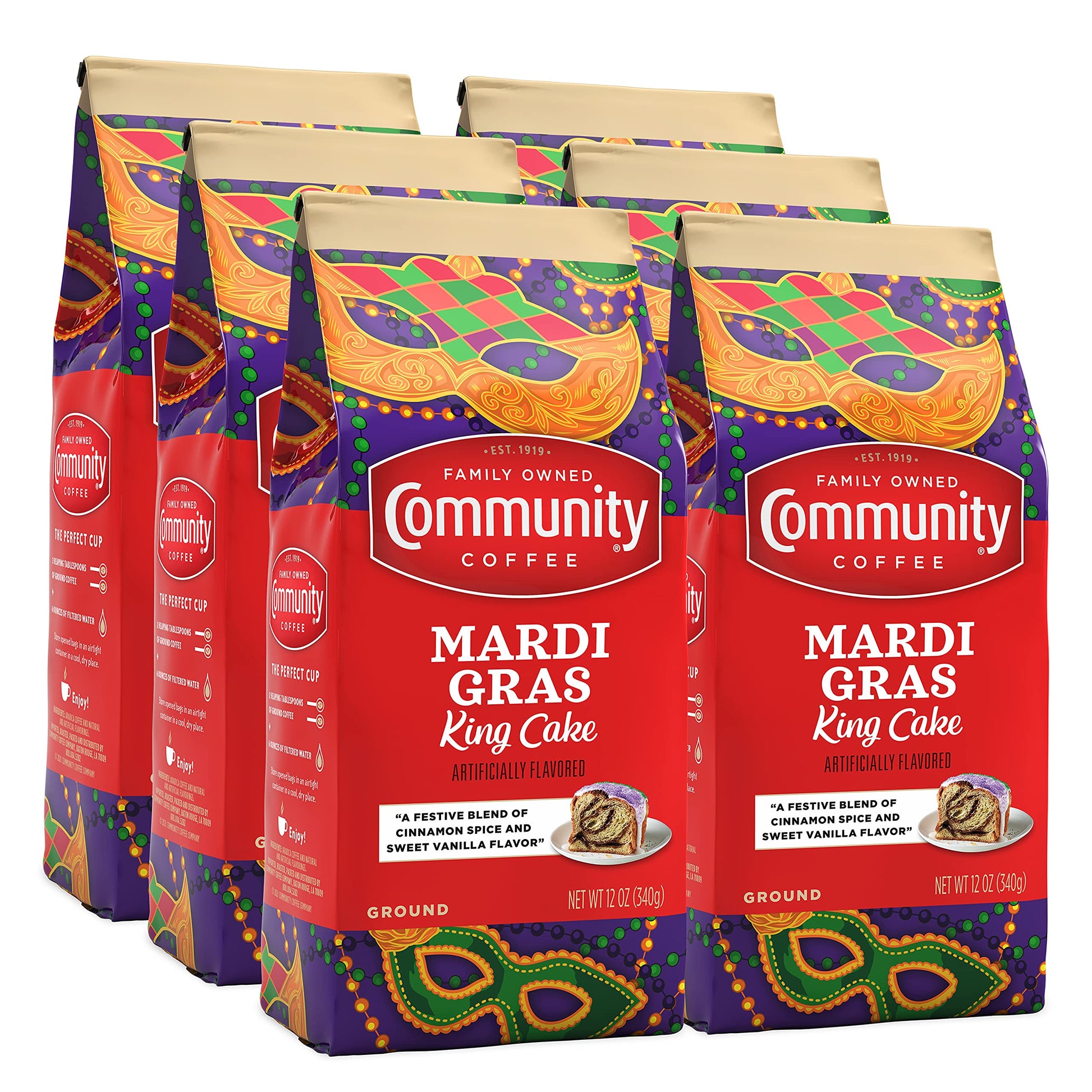 Community Coffee Mardi Gras King Cake Flavored 72 Ounce, Medium Roast Ground Coffee, 12 Ounce (Pack Of 6)