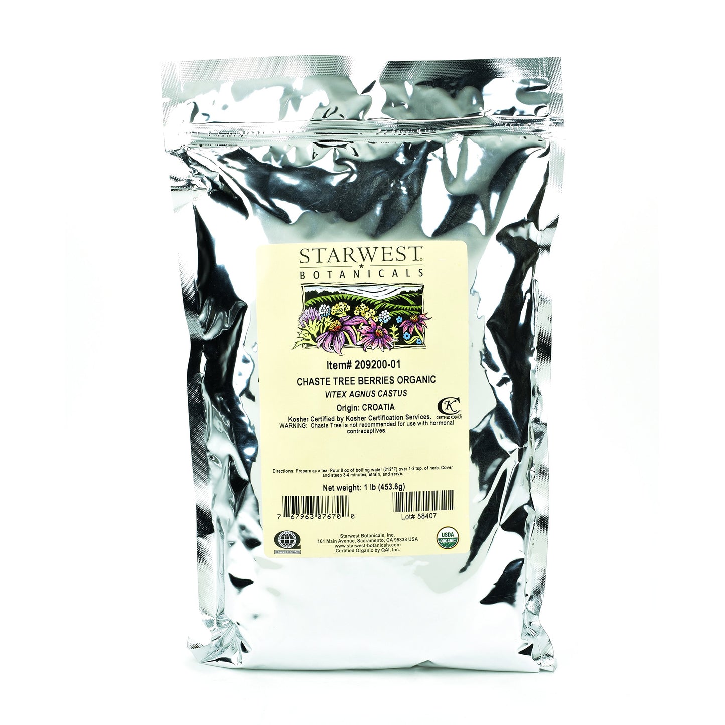 Starwest Botanicals Organic Chaste Tree Berries Whole, 1 Lb