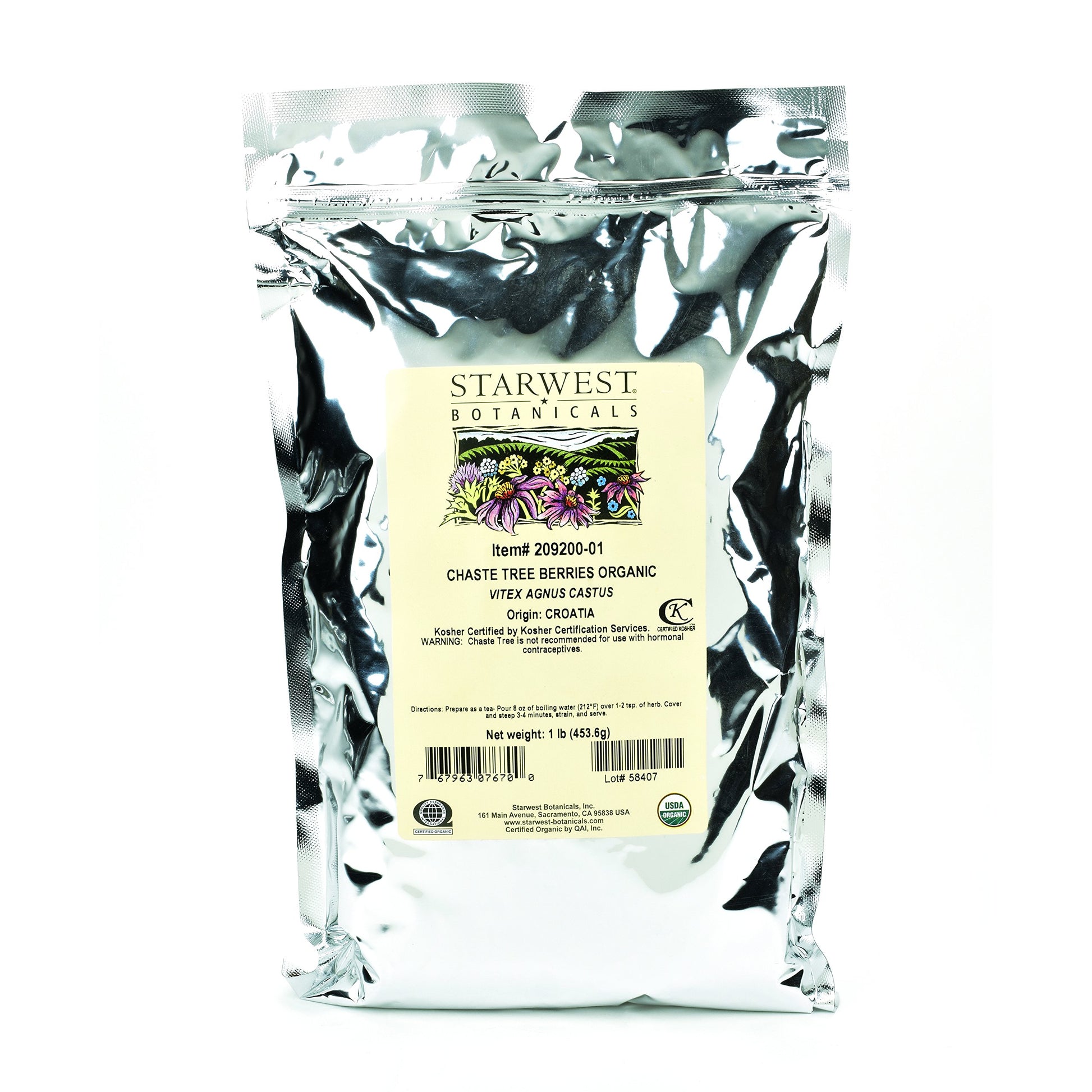 Starwest Botanicals Organic Chaste Tree Berries Whole, 1 Lb