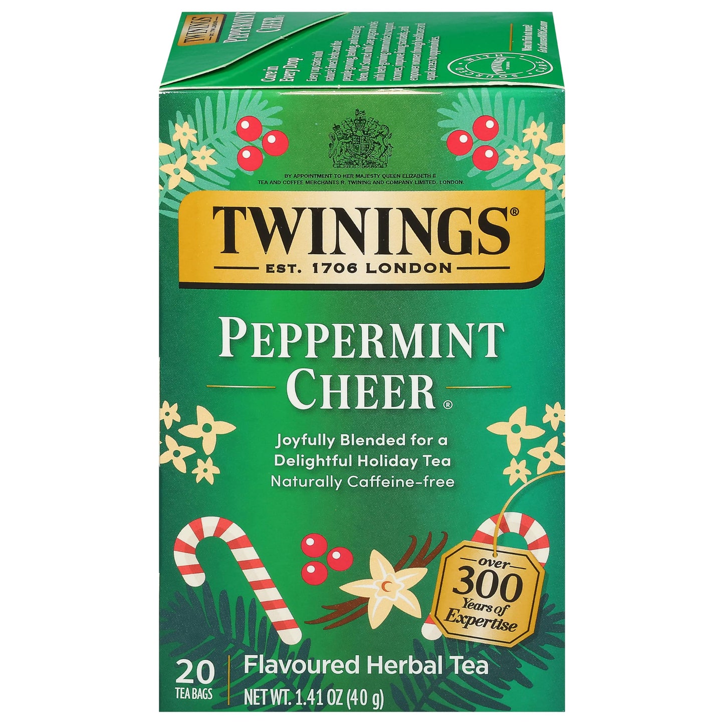 Twinings Peppermint Cheer Herbal Tea - Caffeine-Free, 20 Individually Wrapped Bags, Peppermint & Vanilla