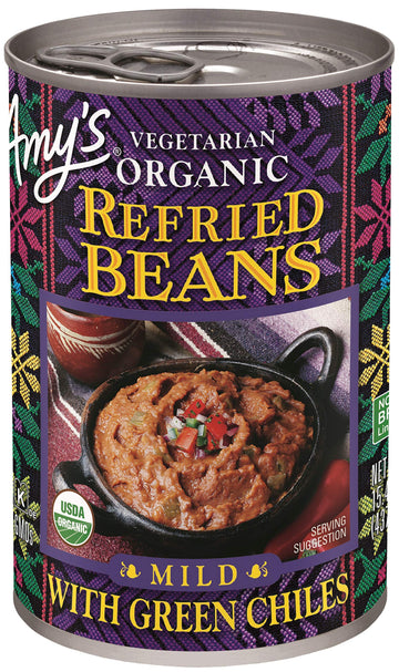 Amy'S Organic Refried Beans Canned, Mild With Green Chiles, Vegan, Gluten Free And Vegetarian, 15.4 Oz