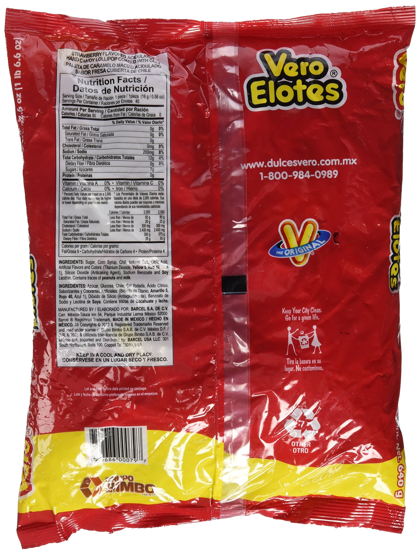 Vero Elotes Paletas Sabor Fresa Con Chile, 40 Count, Clear, Mexican Hard Candy Chili Pops