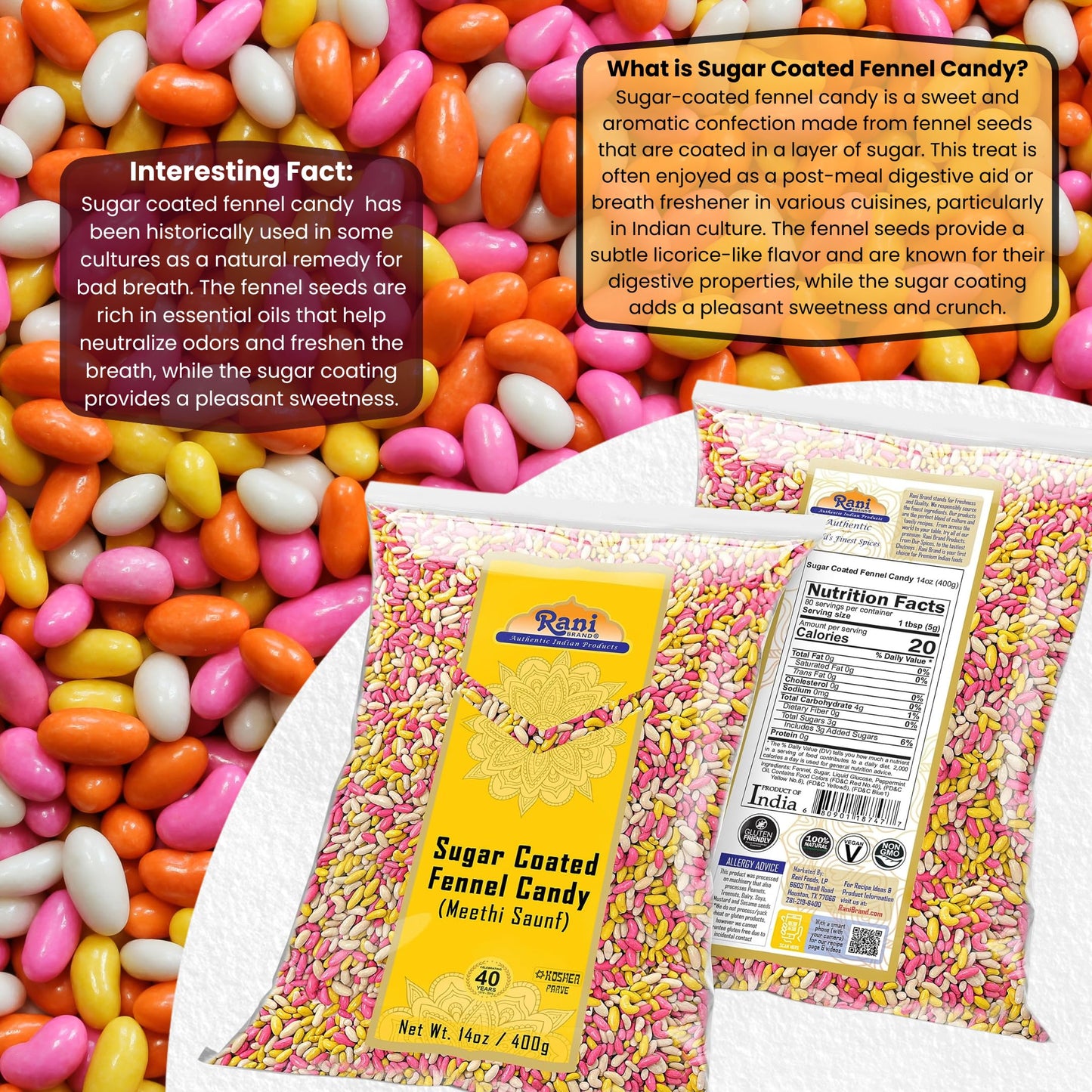 Rani Sugar Coated Fennel Candy 14oz (400g) - [Pack of 2 / 800g 28oz total] ~ Indian After Meal Digestive Treat | Vegan | Gluten