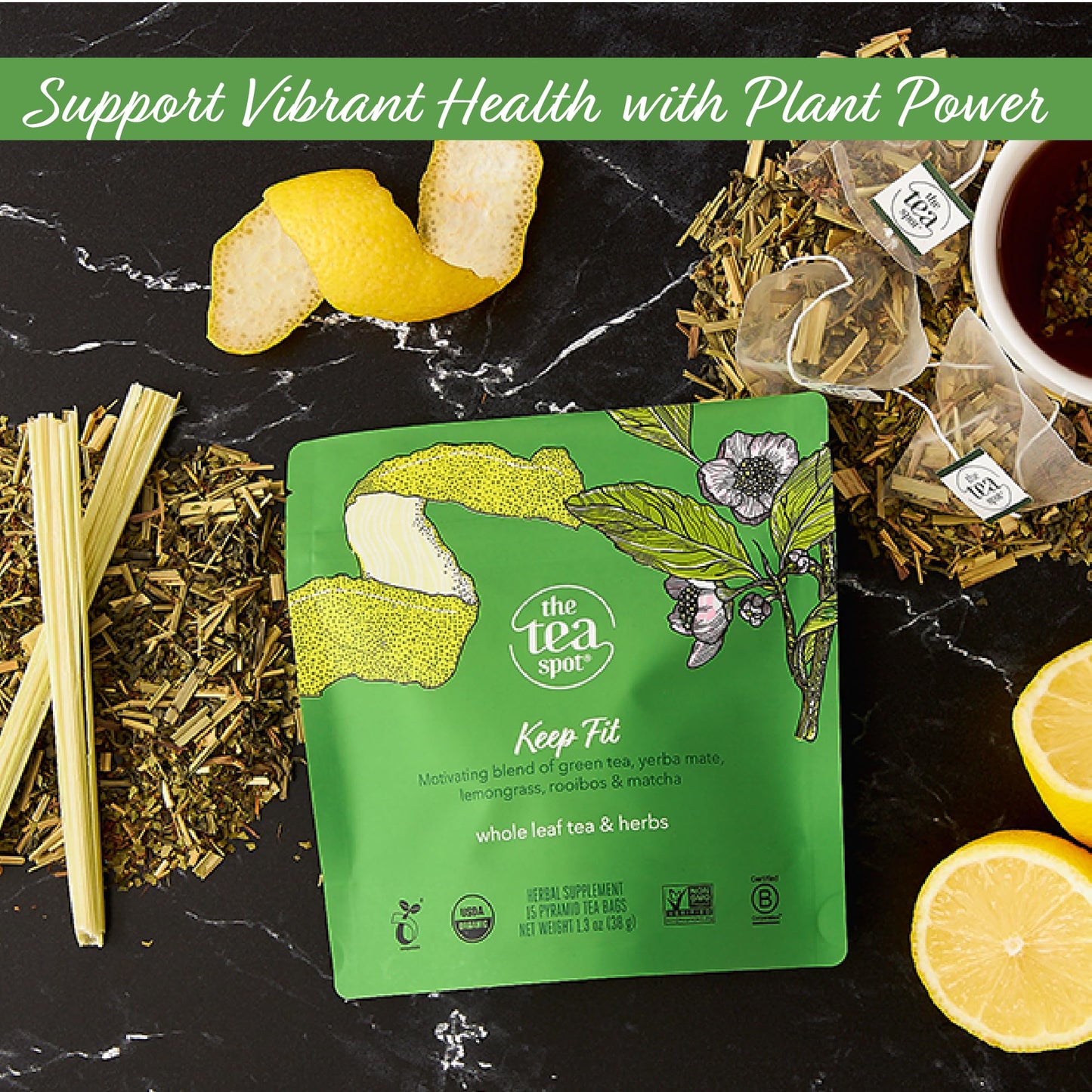 The Tea Spot Organic Green Tea with Yerba Mate and Matcha, Caffeine-Free, 15 Tea Bags, Pack of 1