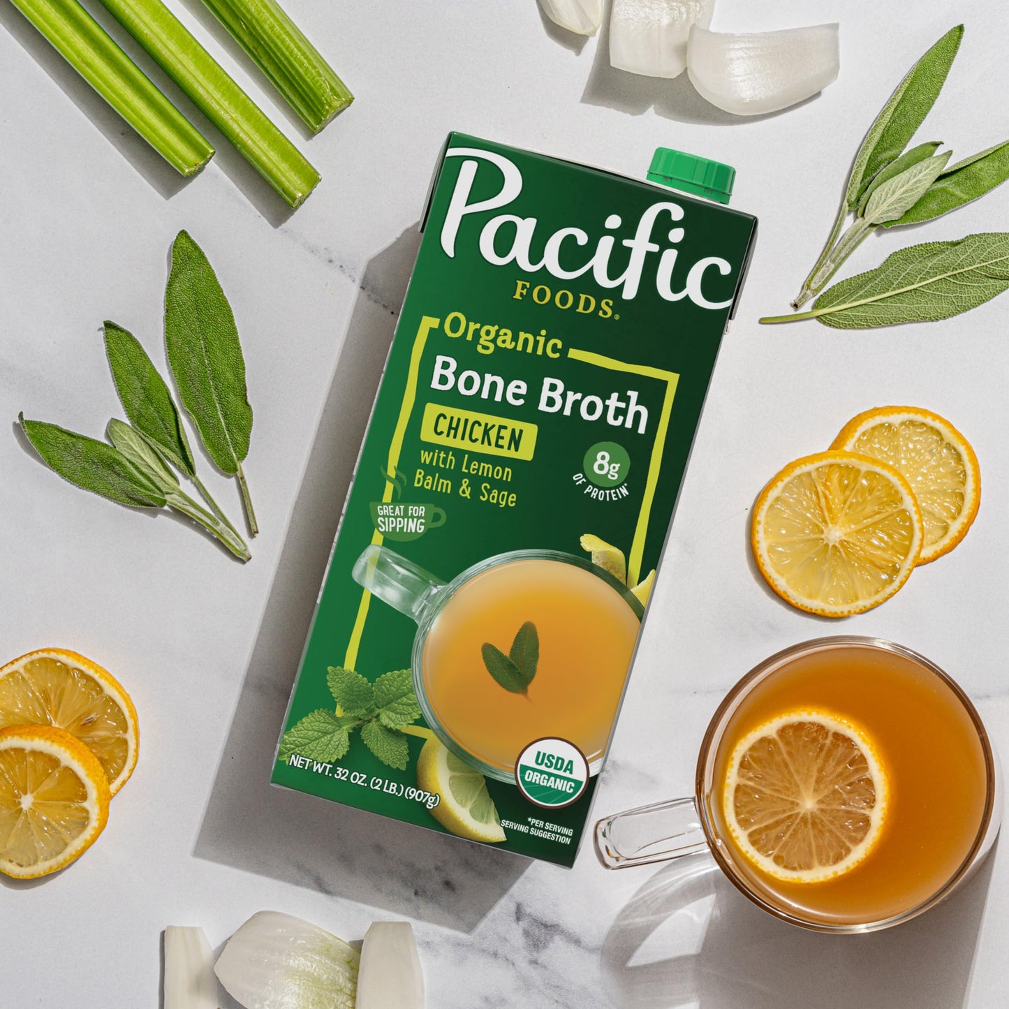 Pacific Foods Organic Chicken Bone Broth With Lemon Balm And Sage, 32 Oz Carton