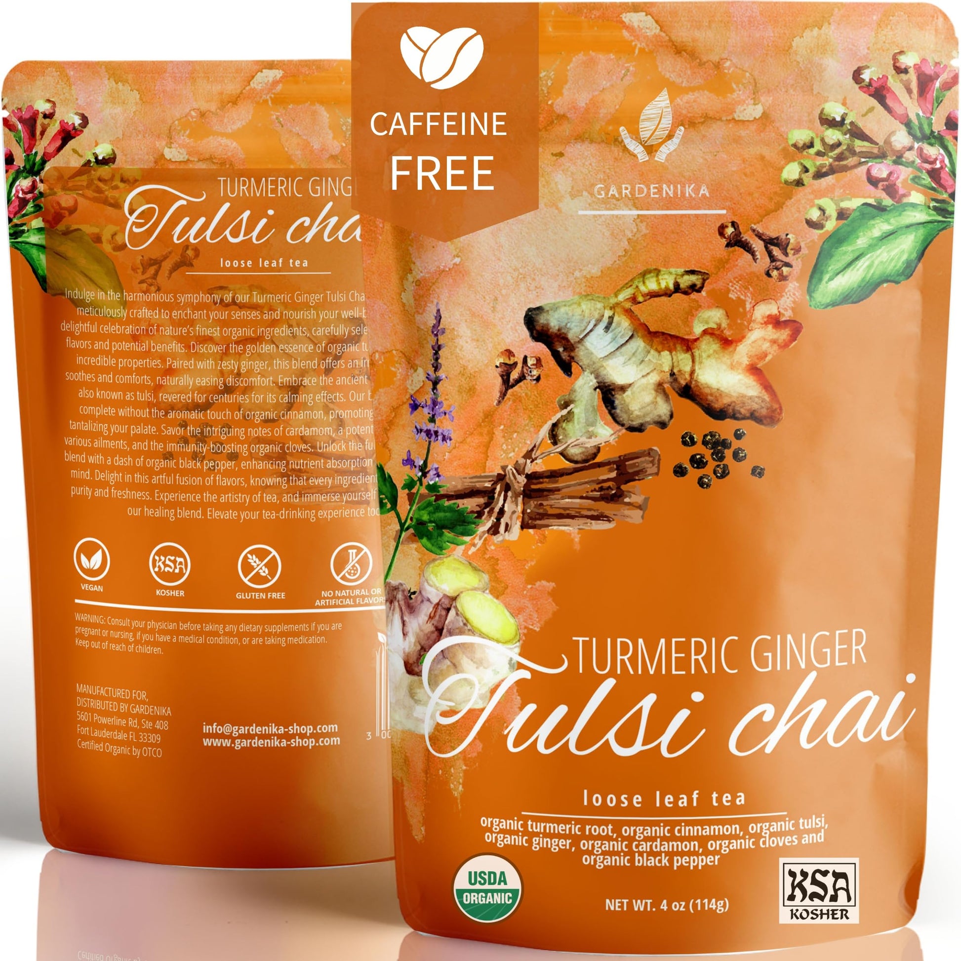 Gardenika Organic Tulsi Turmeric Ginger Loose Leaf Tea - Herbal, Caffeine-Free, Kosher - 4oz