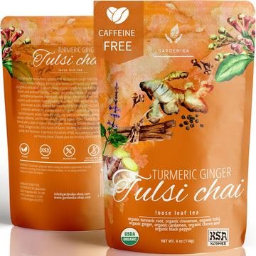 Gardenika Organic Tulsi Turmeric Ginger Loose Leaf Tea - Herbal, Caffeine-Free, Kosher - 4oz