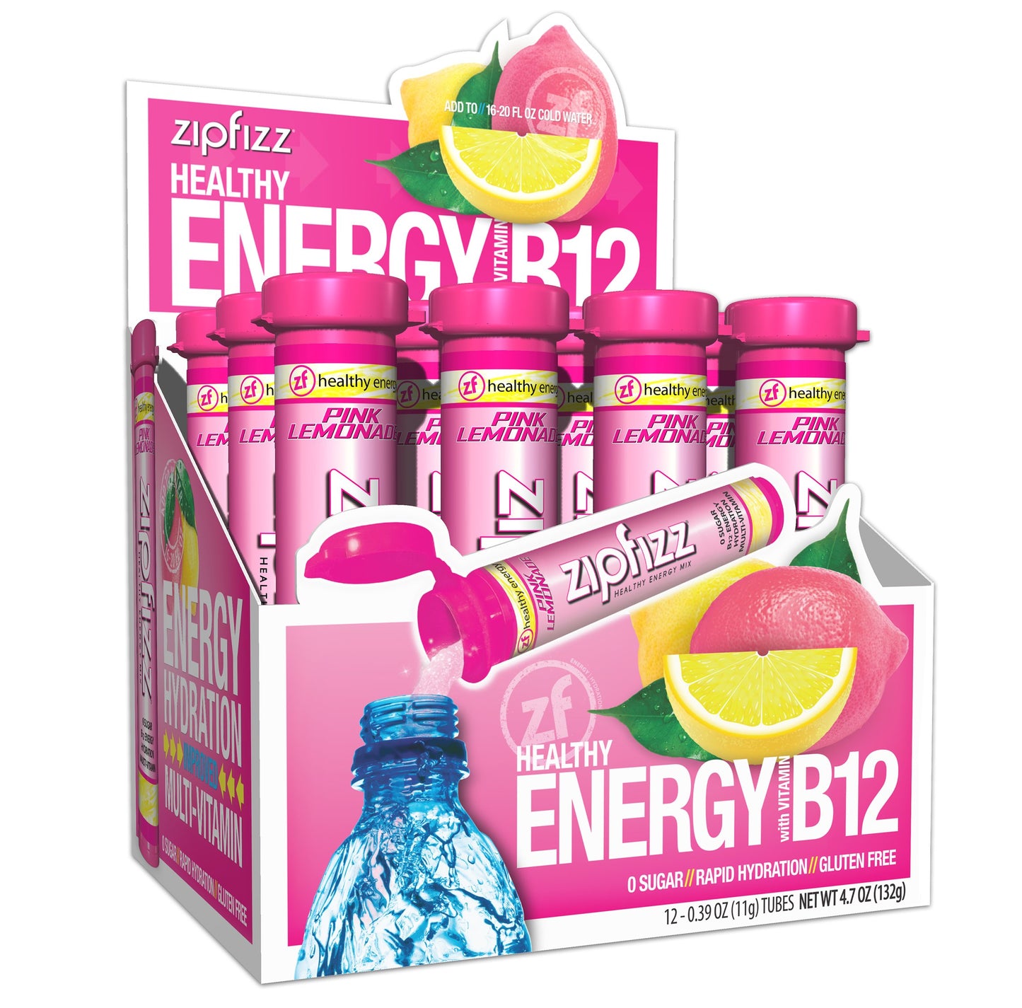 Zipfizz Daily Energy Drink Powder, Sugar-Free, Electrolyte Powder, 12 Pack, 0.39 Ounce Each, Pink Lemonade, Model 12PINK