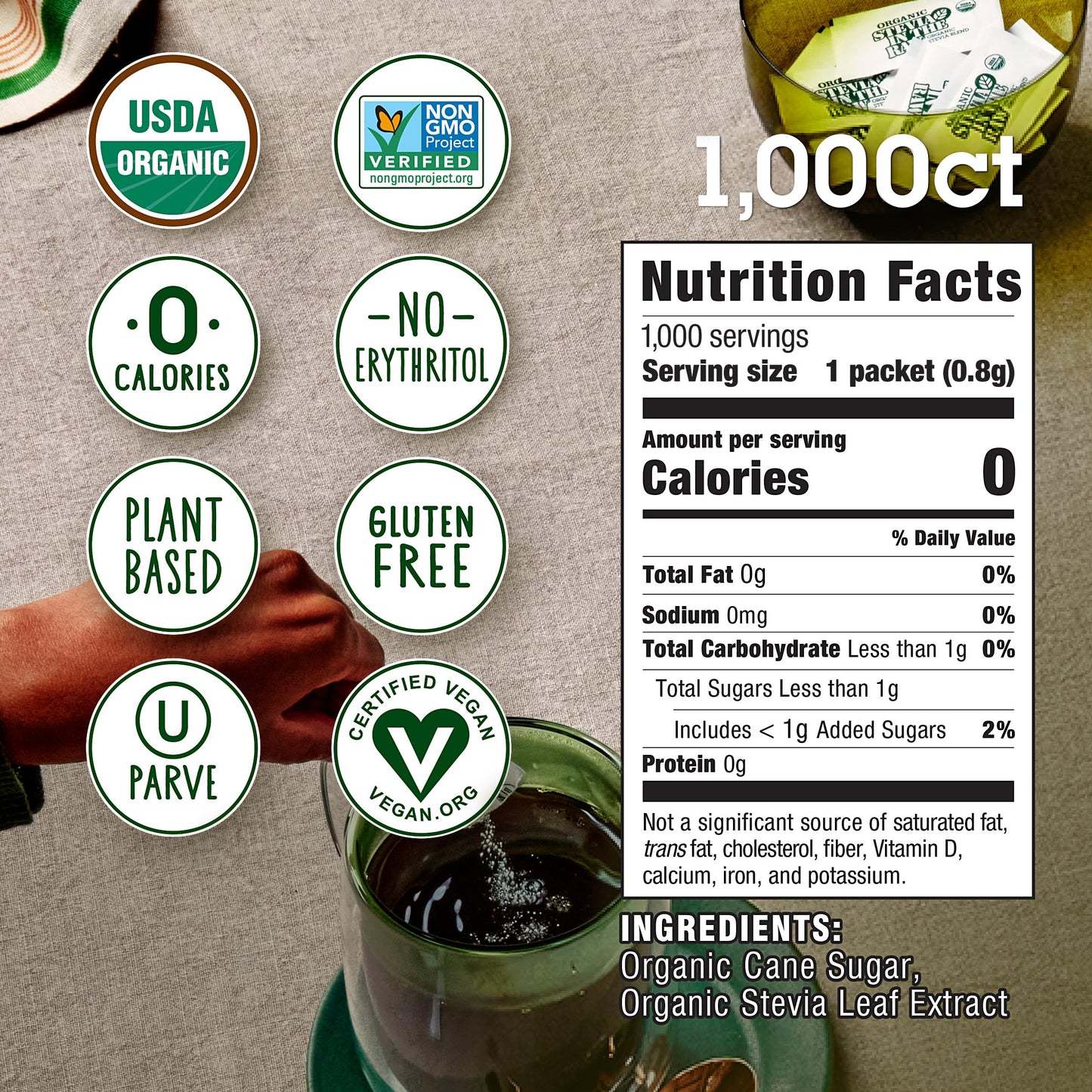 In The Raw Organic Stevia Sweetener Packets, 1,000 Ct, Zero Calorie Sugar Substitute Packets, No Erythritol or Artificial Flavor