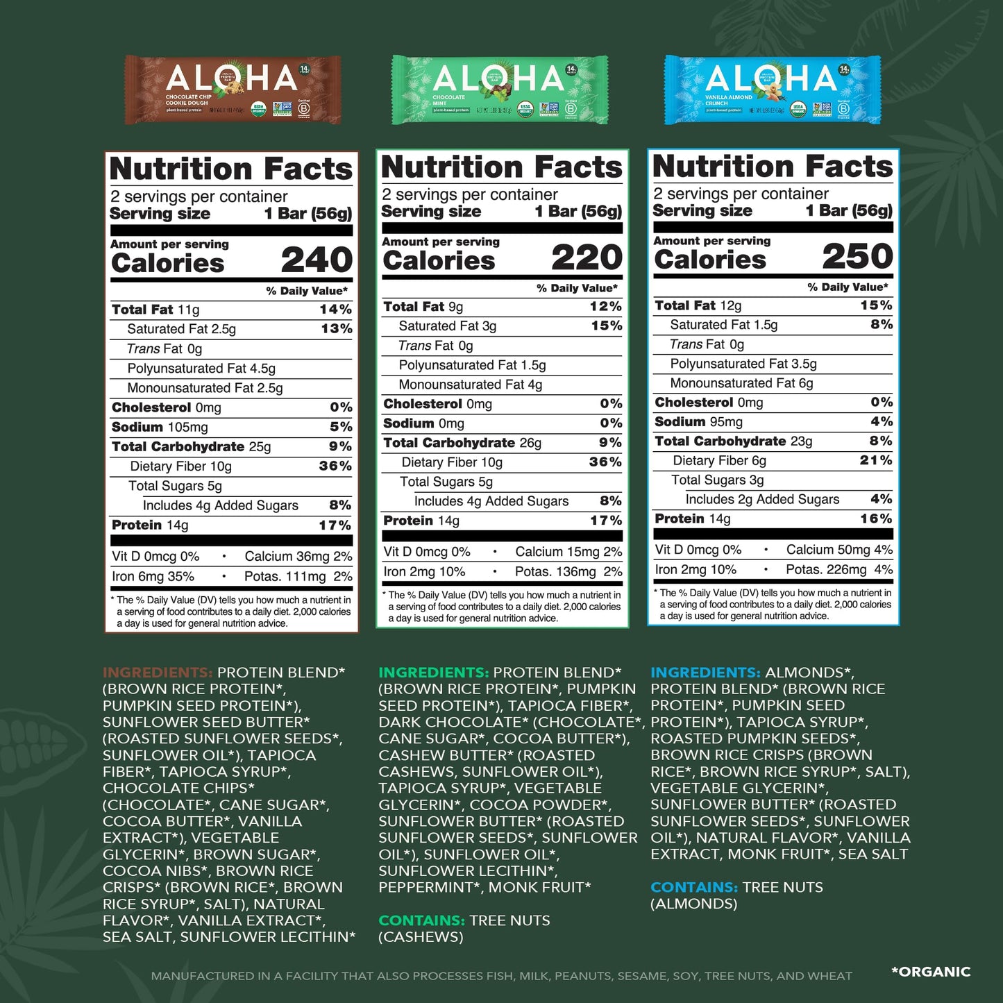 ALOHA Organic Plant Based Protein Bars - Vegan, Gluten-Free, Low Sugar, 12 Count, 1.9oz, Variety Pack, Green
