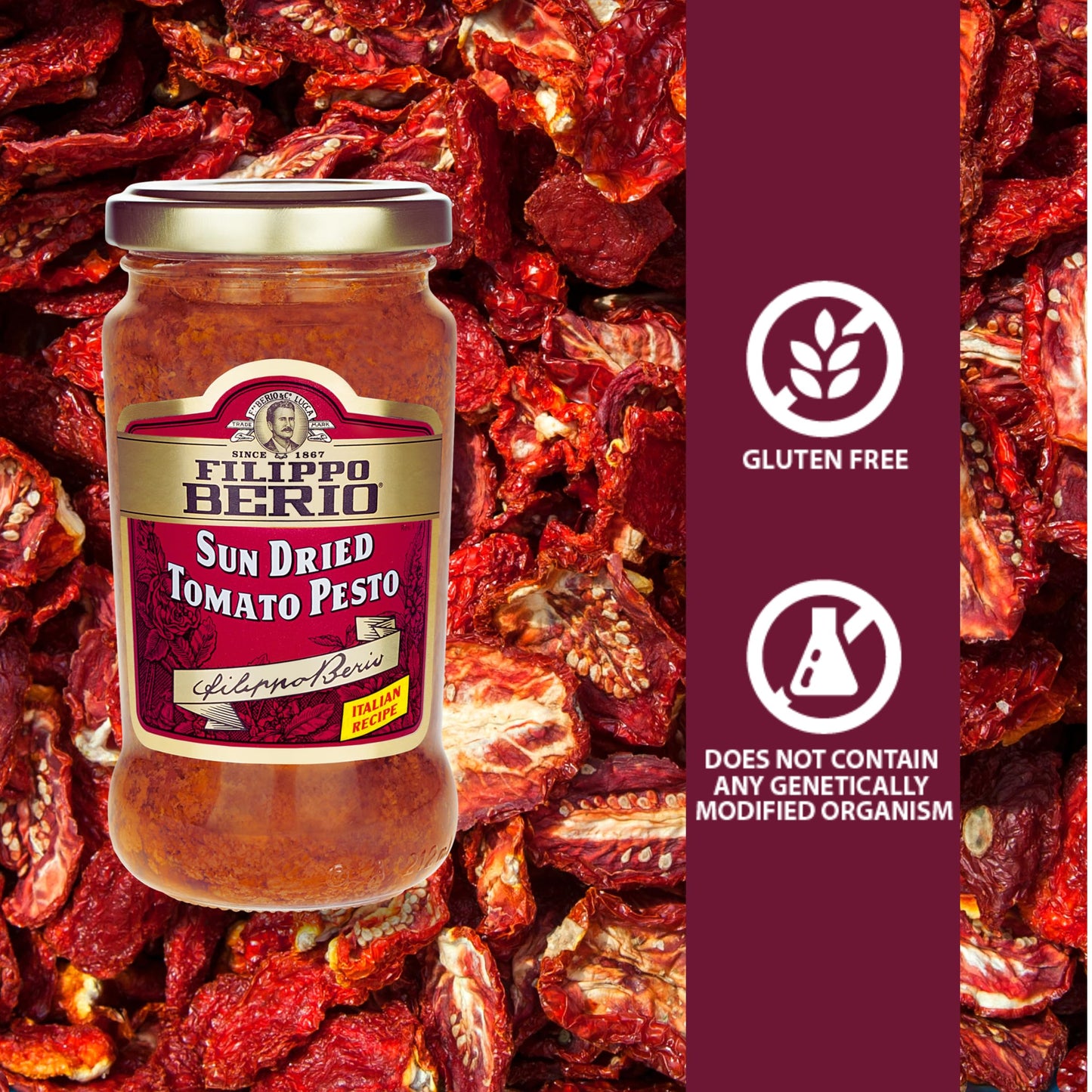 Filippo Berio Pesto, Sun Dried Tomato, 6.7 Ounce Glass Jar, Pack Of 6