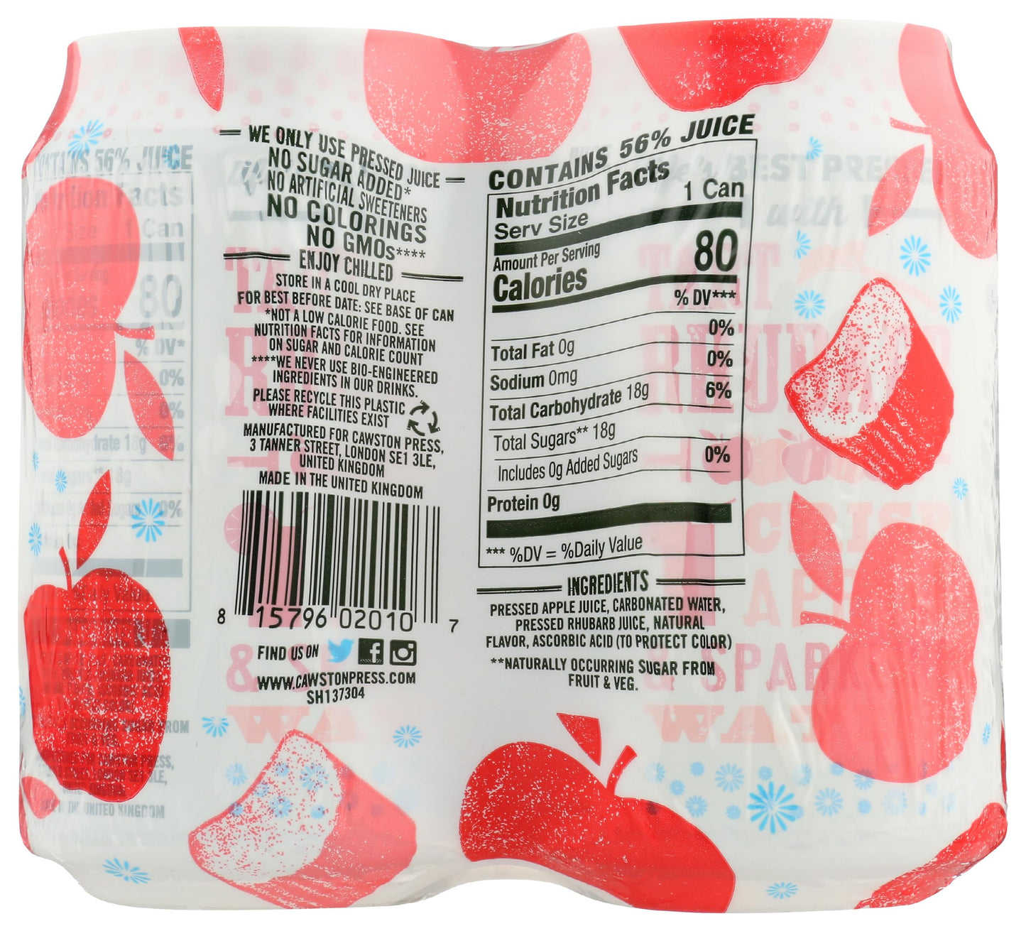 Cawston Press Sparkling Water, Rhubarb & Crisp Apple, 11 Fl Oz (Pack of 4)