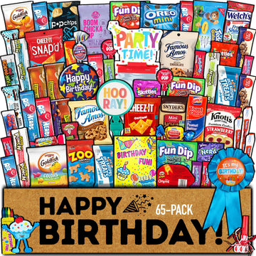 Birthday Care Package (65 Count) Snacks Cookies Chocolate Bar Chips Candy Party Variety Gift Box Pack Assortment Basket Bundle M