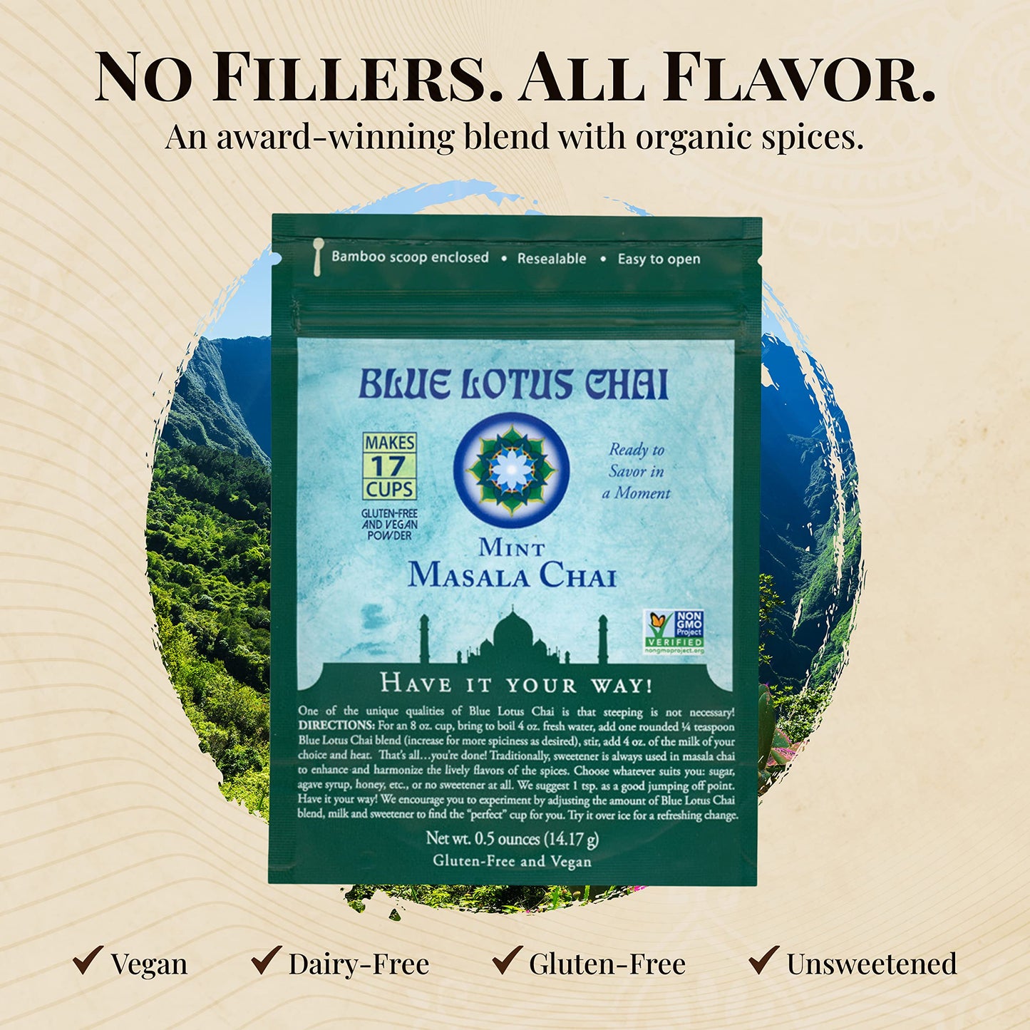 Blue Lotus Chai - Mint Masala Chai - Makes 17 Cups - 0.5 Oz Pouch Masala Spiced Chai Powder With Organic Spices - Instant Indian
