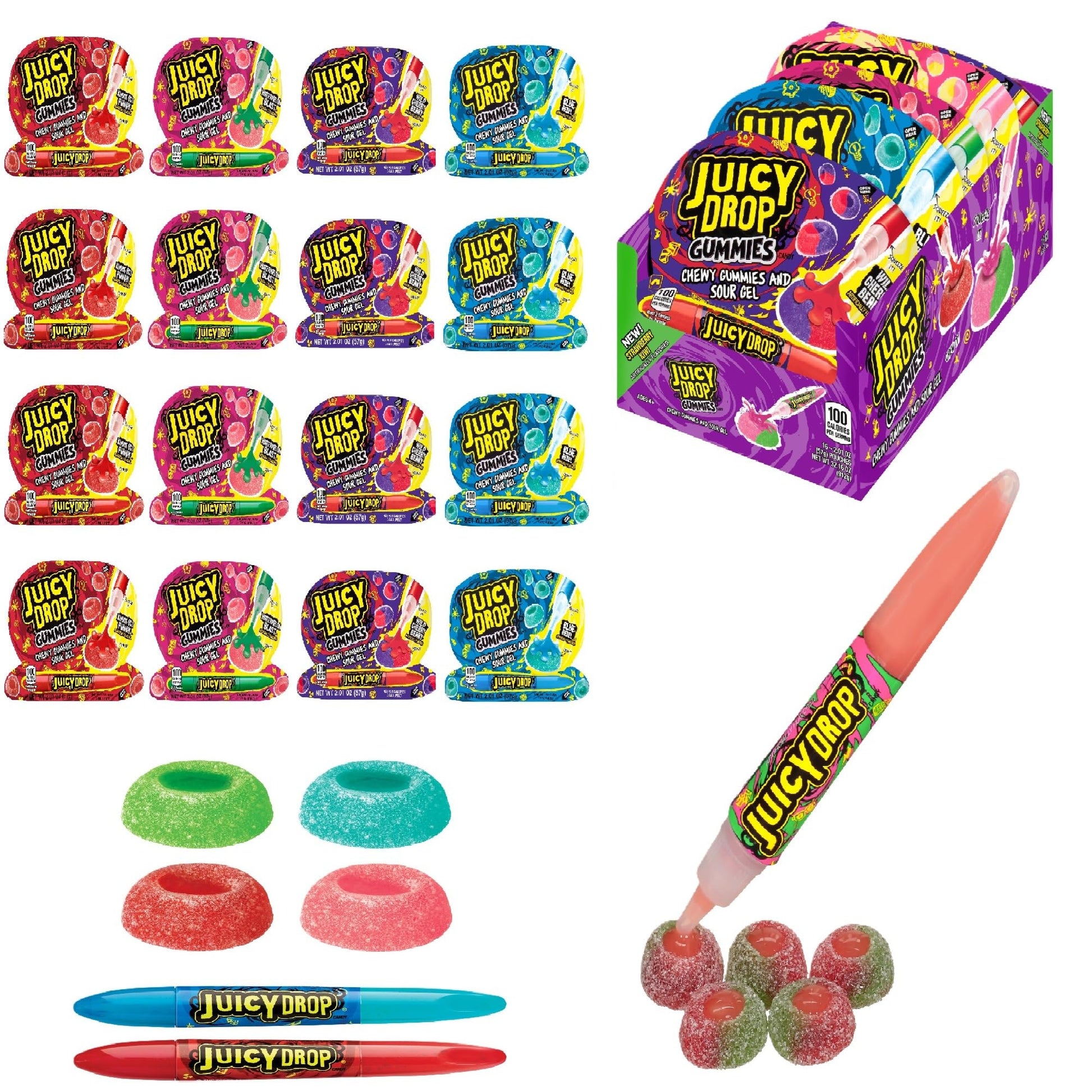 Juicy Drop Gummies Candy, Sweet Gummies & Sour Gel Pen, Sour Candy Variety Pack Assorted Flavors (Pack Of 16) - Fun Sour Candy For Birthdays And Parties - Slime Lickers Gummy Candy