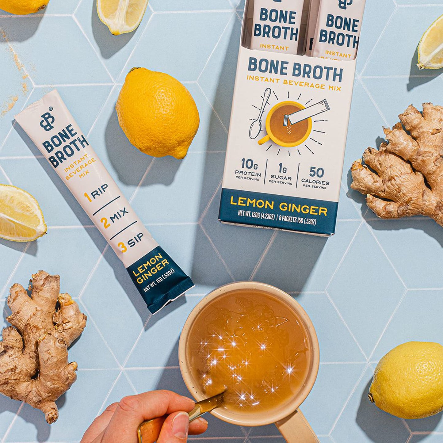 Bare Bones Bone Broth Instant Powdered Mix, Lemon Ginger, Pack Of 16, 15G Sticks, 10G Protein, Keto & Paleo Friendly Bone Broth