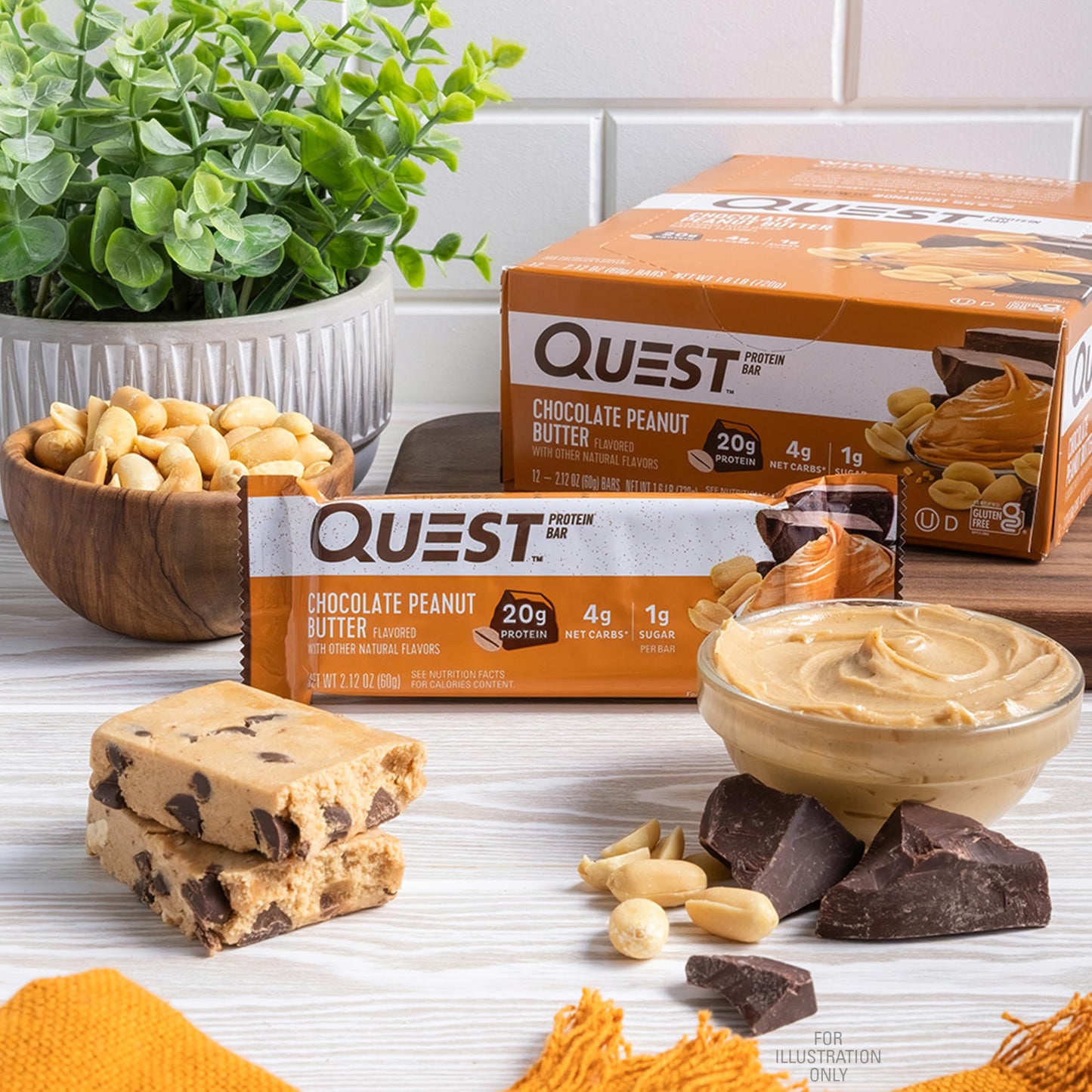 Quest Nutrition Protein Bars, Chocolate Peanut Butter, 20g Protein, 1g Sugar, 5g Net Carb, Gluten Free, Keto Friendly, Pack of 4