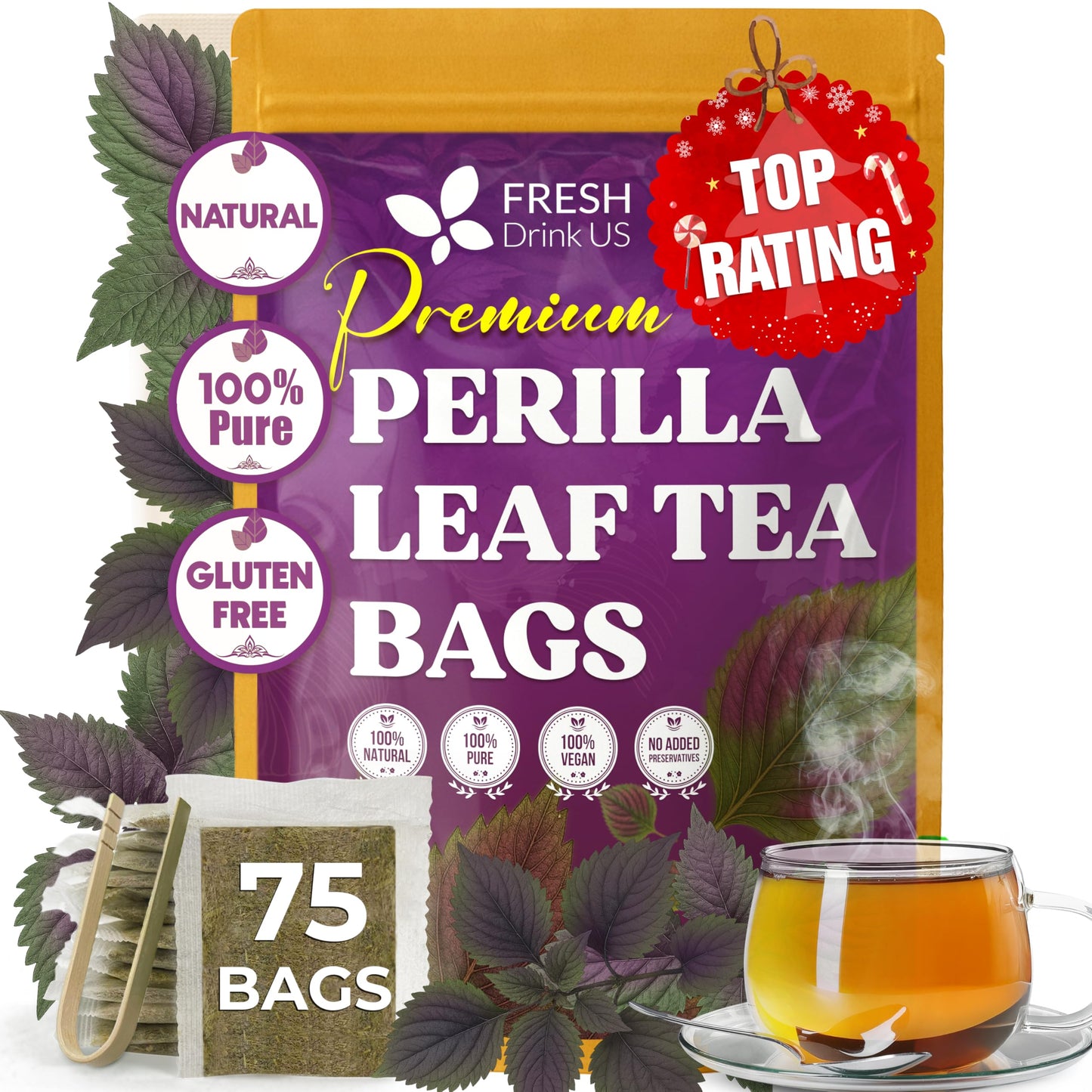 Freshdrinkus  Top-Grade Perilla Leaf Tea - 75 Tea Bags | 100% Pure Perilla Leaves | Energy Blend-Free  Non-Gmo  Natural Packaflavor Blendg | Herbal Tea Bags For Daily Enjoyment. Gluten-Free. Sugar-Free. Vegan