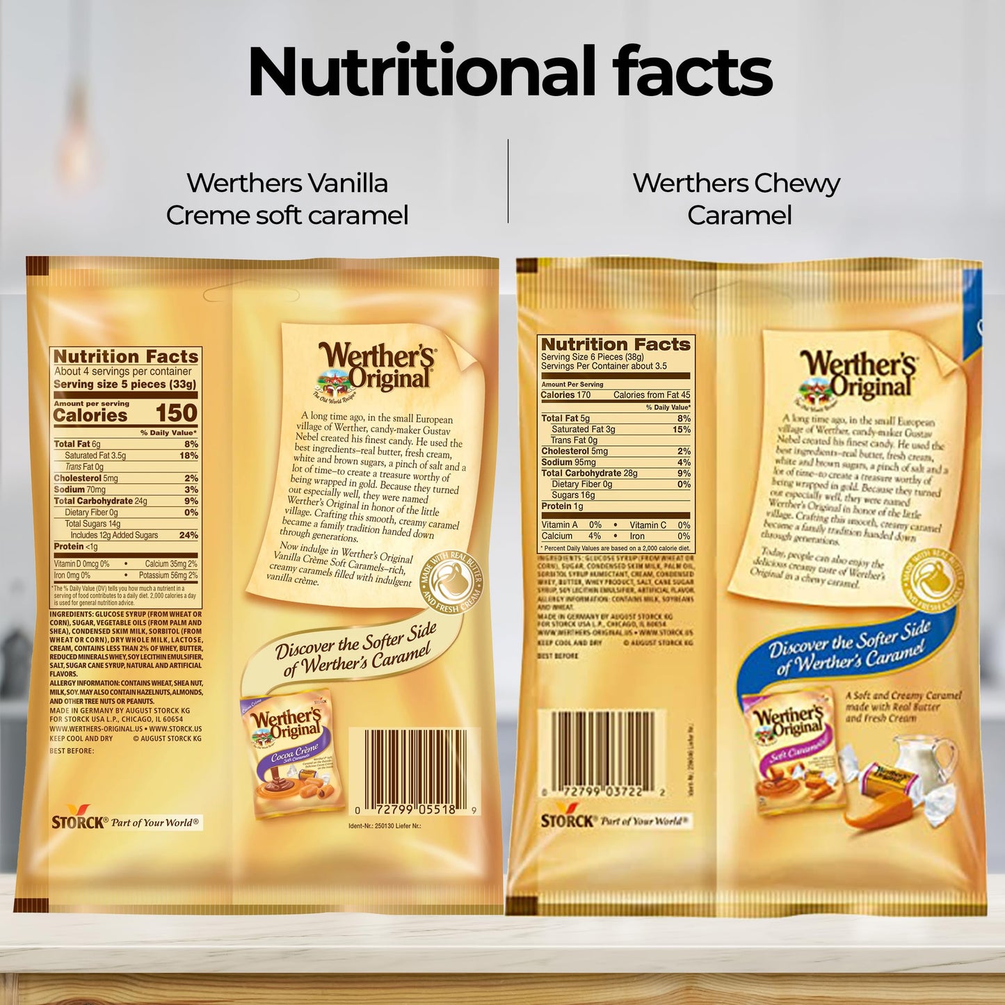 Munch Mania Werthers Original Vanilla Creme Soft Caramels, 2.4 oz, Pack of 4, Individually Wrapped, Brown