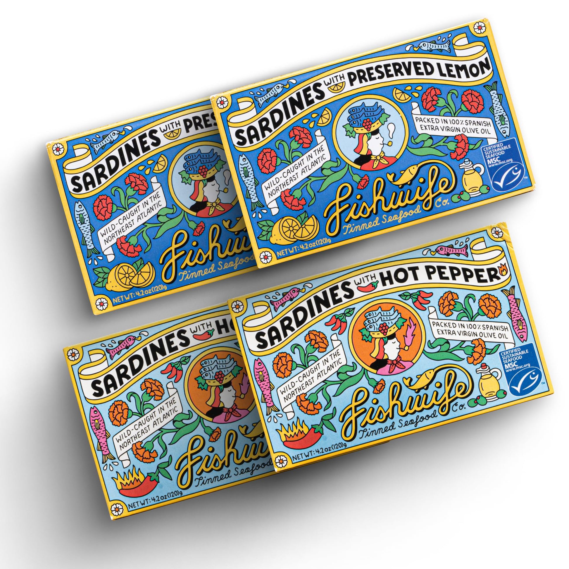 Fishwife Sardine Quad 4-Pack (2x Sardines with Lemon, 2x Sardines with Hot Pepper) | Wild-Caught & Hand-Packed with Spanish Extr