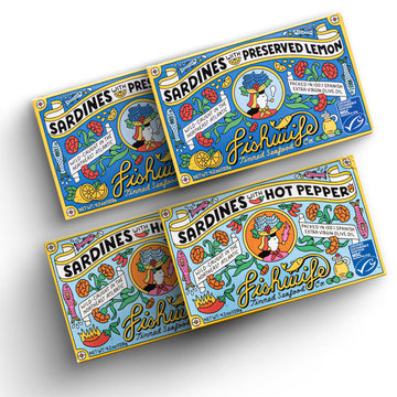 Fishwife Sardine Quad 4-Pack (2x Sardines with Lemon, 2x Sardines with Hot Pepper) | Wild-Caught & Hand-Packed with Spanish Extr