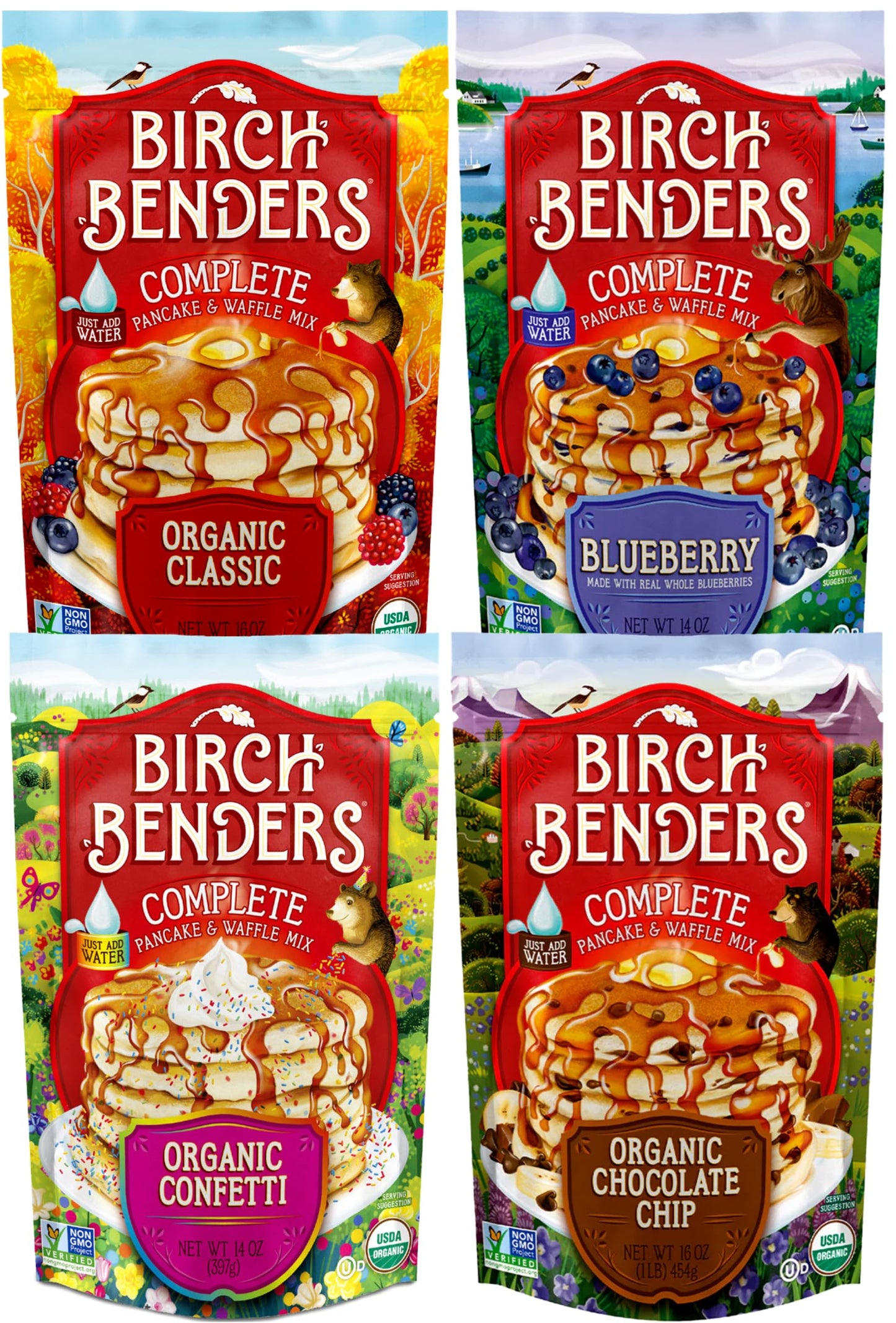 Birch Benders Pancake And Waffle Mix Variety: (Pack Of 4) Organic Classic  Blueberry  Organic Confetti  Organic Chocolate Chip