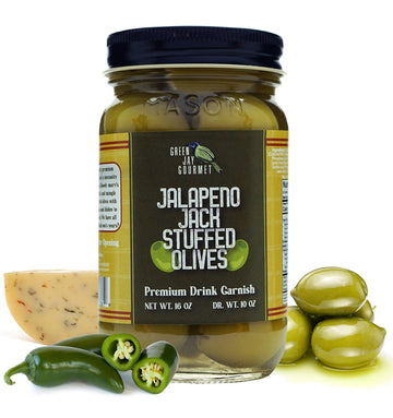 Green Jay Gourmet Jalapeo Jack Cheese Stuffed Olives - Cheese Stuffed Green Olives For Mixed Flavor Garnish & Cheese Board - Dirty Beverage-Style Olives - Gourmet Olives - All Natural - Large - 16 Ounces